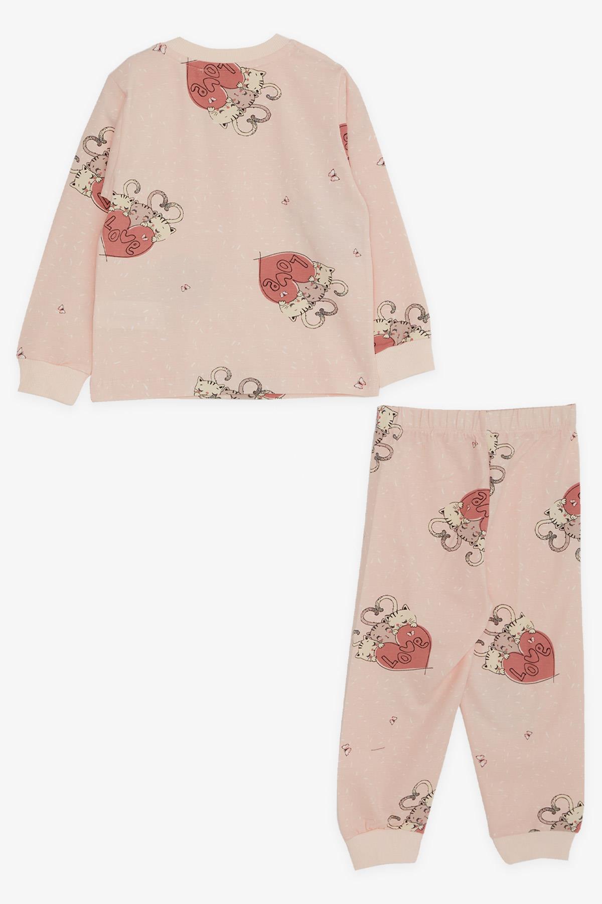 Breeze Kız Çocuk Pijama Takımı Uykucu Kedicikler Desenli Pudra (1.5-5 Yaş)