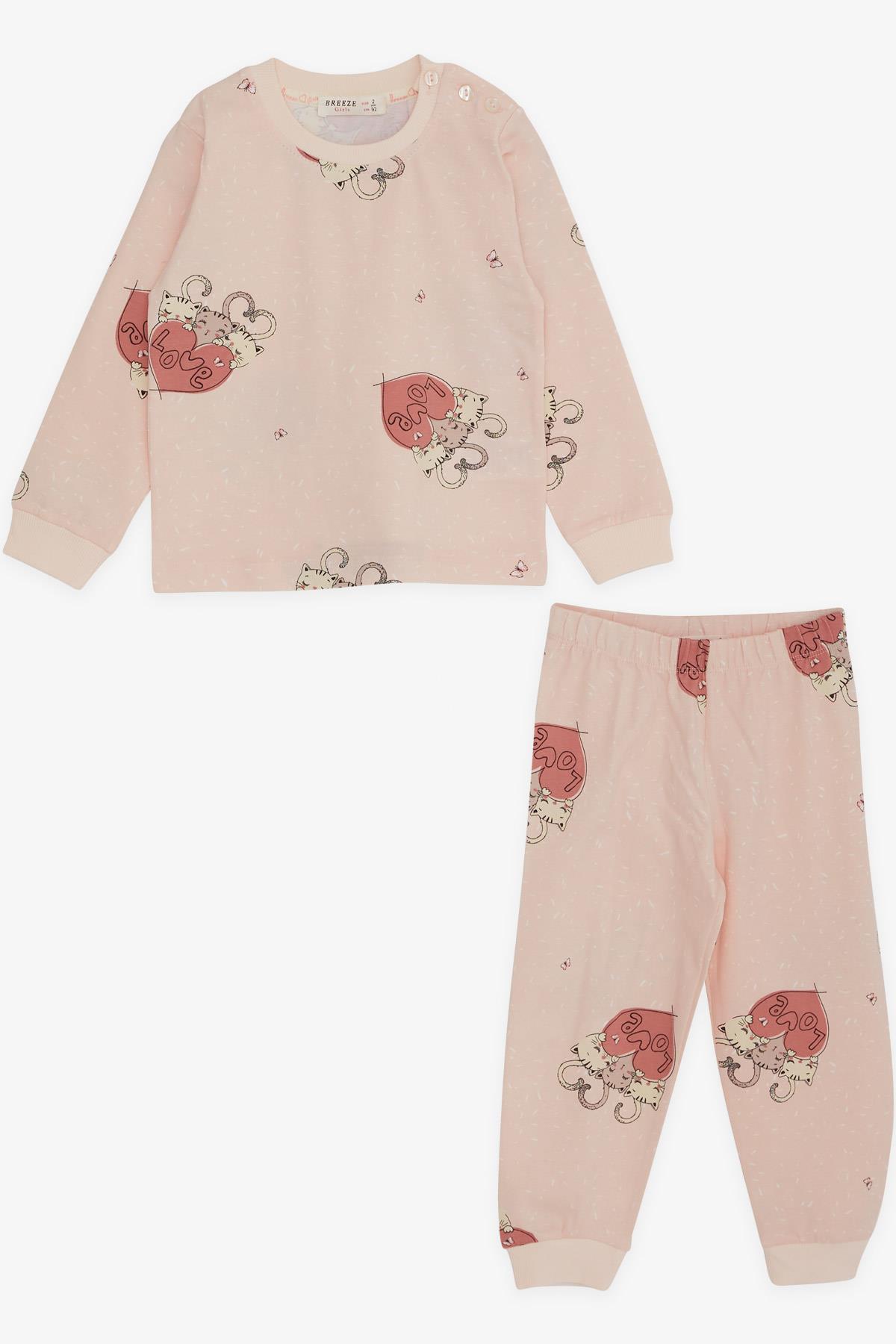Breeze Kız Çocuk Pijama Takımı Uykucu Kedicikler Desenli Pudra (1.5-5 Yaş)