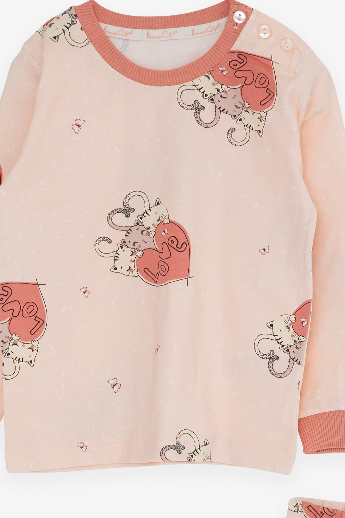Breeze Kız Çocuk Pijama Takımı Uykucu Kedicikler Desenli Pudra (1.5-5 Yaş)