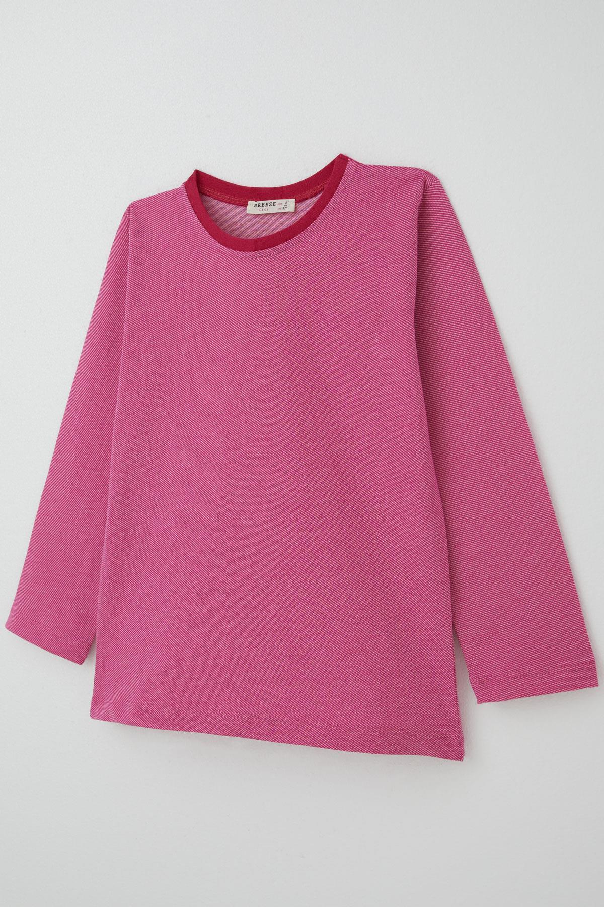 Breeze Kız Çocuk Pijama Takımı Verev Çizgi Desenli Pembe (4-8 Yaş)