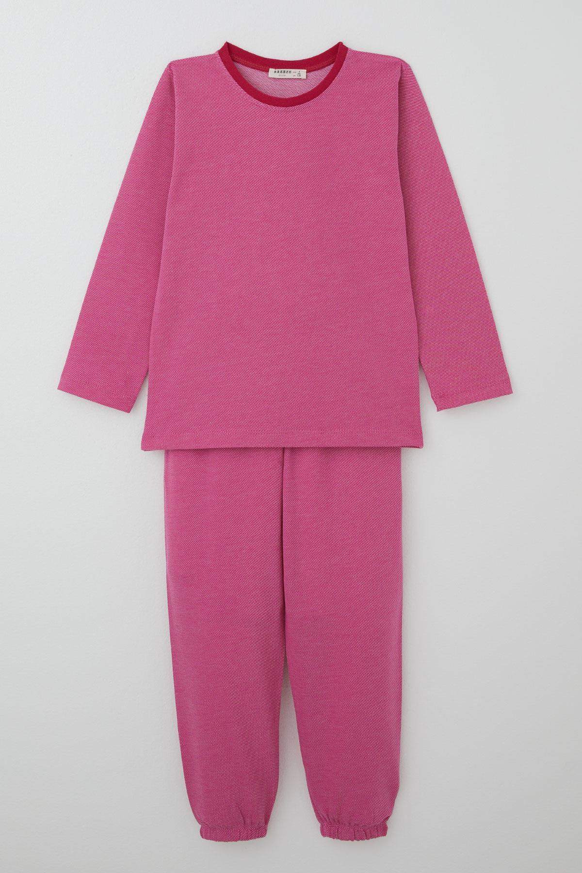 Breeze Kız Çocuk Pijama Takımı Verev Çizgi Desenli Pembe (4-8 Yaş)