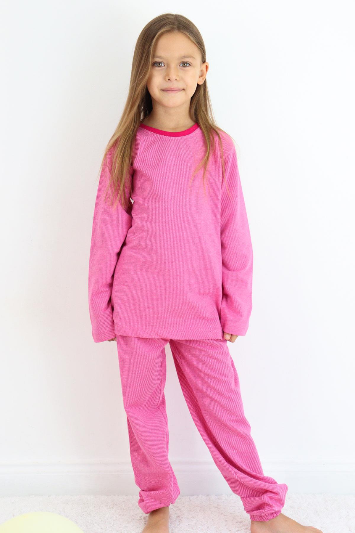 Breeze Kız Çocuk Pijama Takımı Verev Çizgi Desenli Pembe (4-8 Yaş)