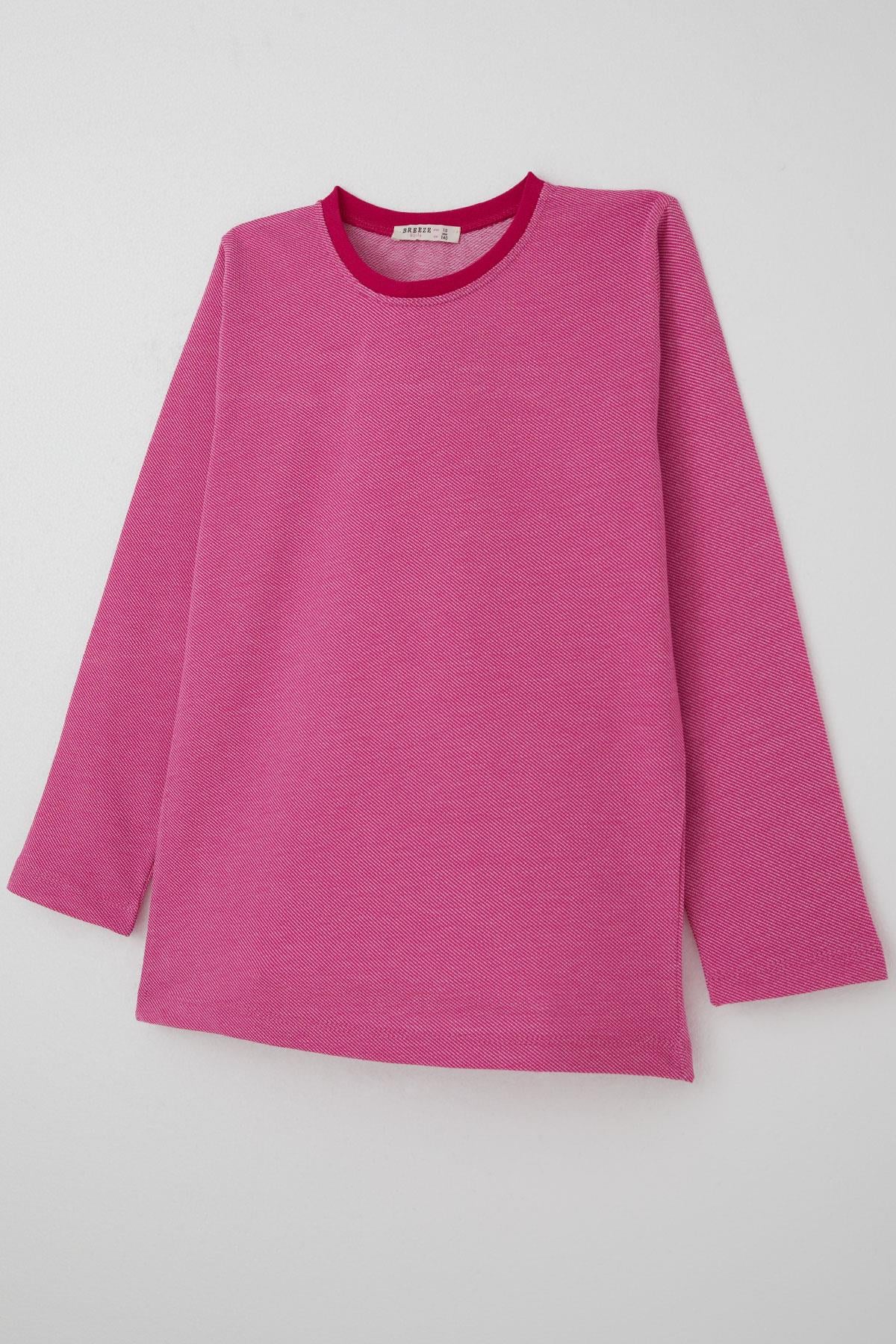 Breeze Kız Çocuk Pijama Takımı Verev Çizgi Desenli Pembe (9-12 Yaş)