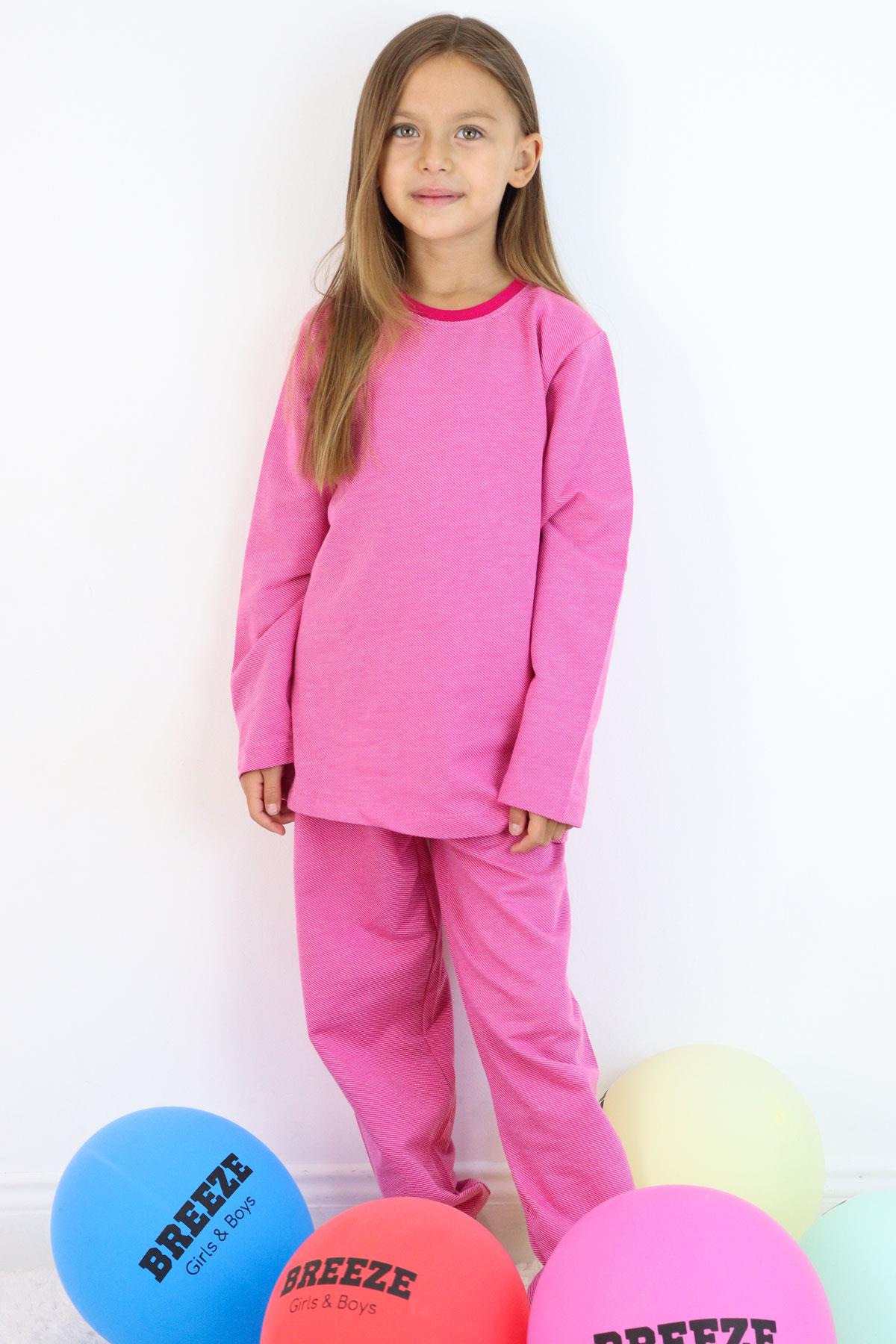 Breeze Kız Çocuk Pijama Takımı Verev Çizgi Desenli Pembe (4-8 Yaş)