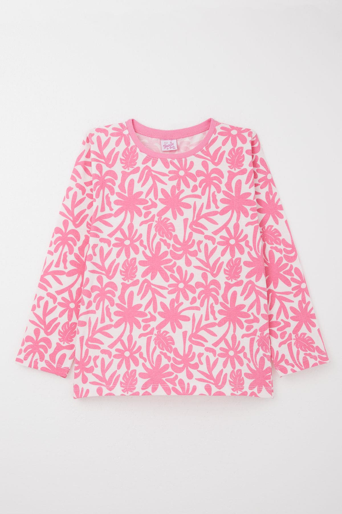 Breeze Kız Çocuk Pijama Takımı Yaprak & Çiçek Desenli Pembe (9-12 Yaş)