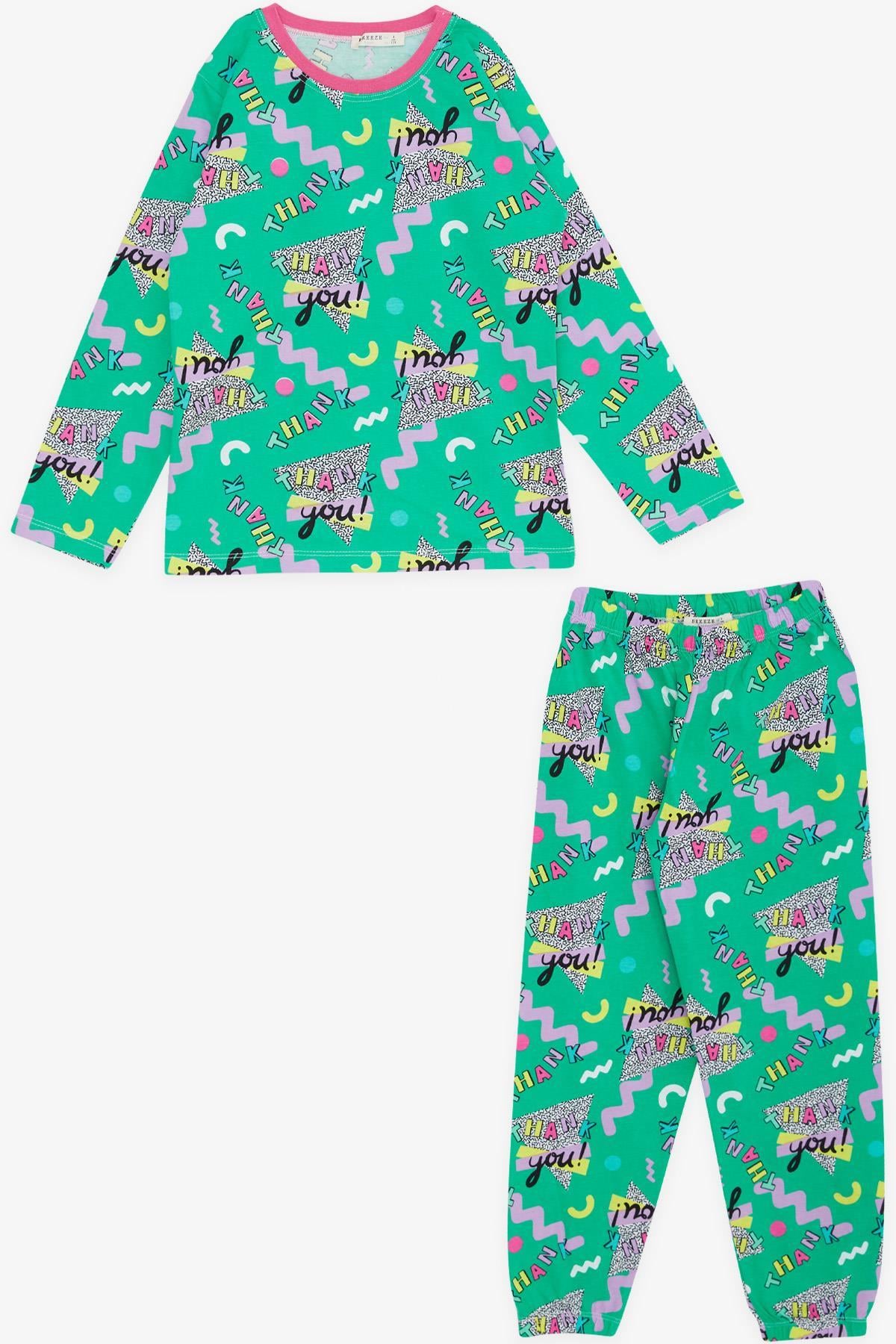 Breeze Kız Çocuk Pijama Takımı Yazı Desenli Yeşil (4-8 Yaş)