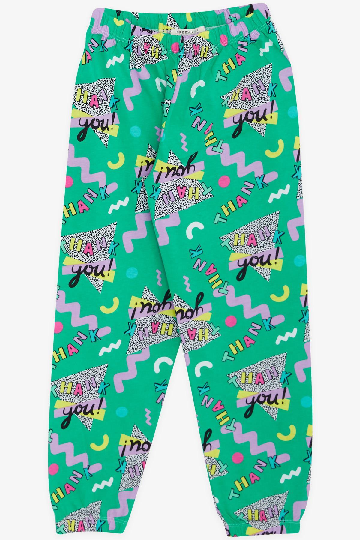 Breeze Kız Çocuk Pijama Takımı Yazı Desenli Yeşil (4-8 Yaş)