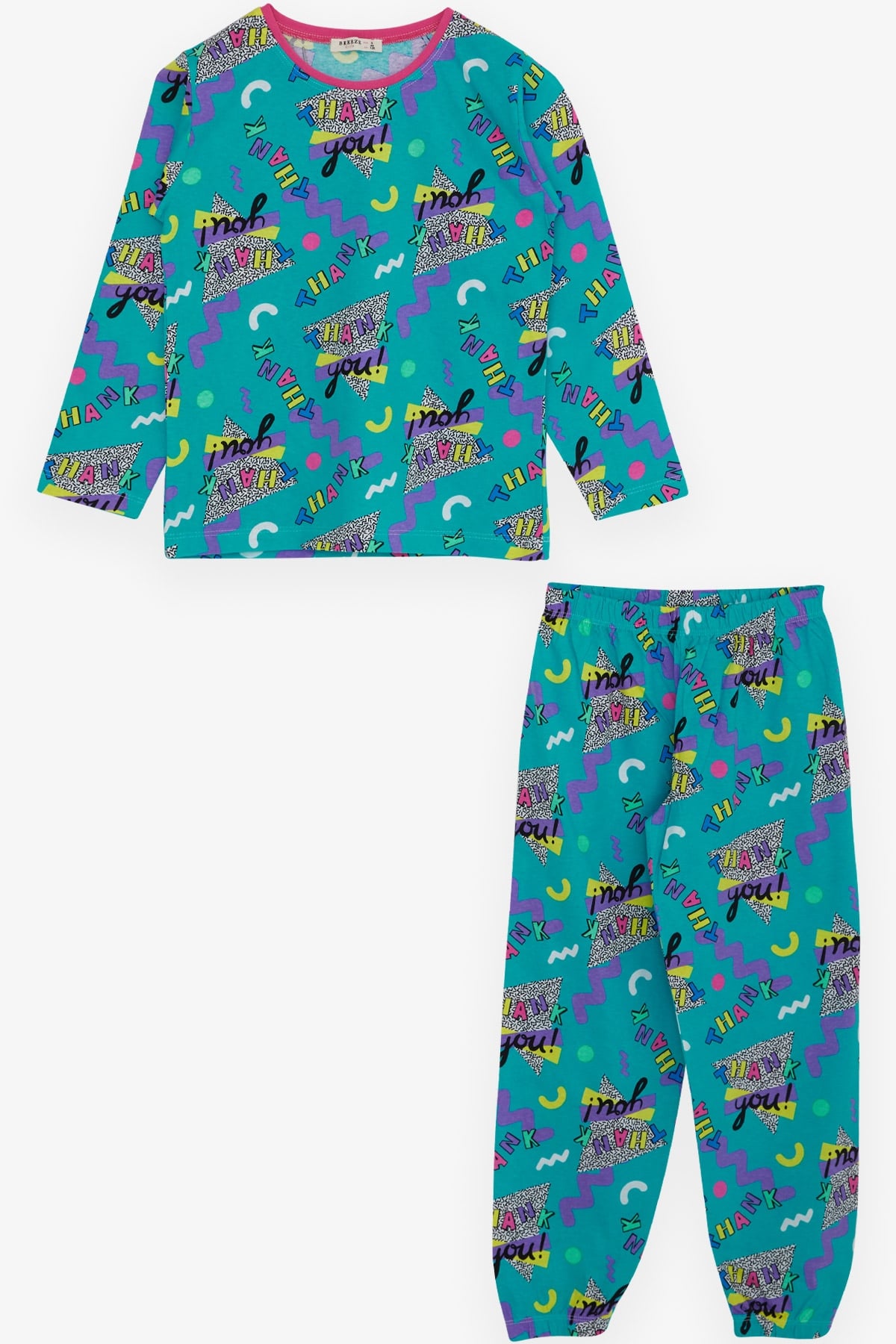 Breeze Kız Çocuk Pijama Takımı Yazı Desenli Turkuaz (4-8 Yaş)