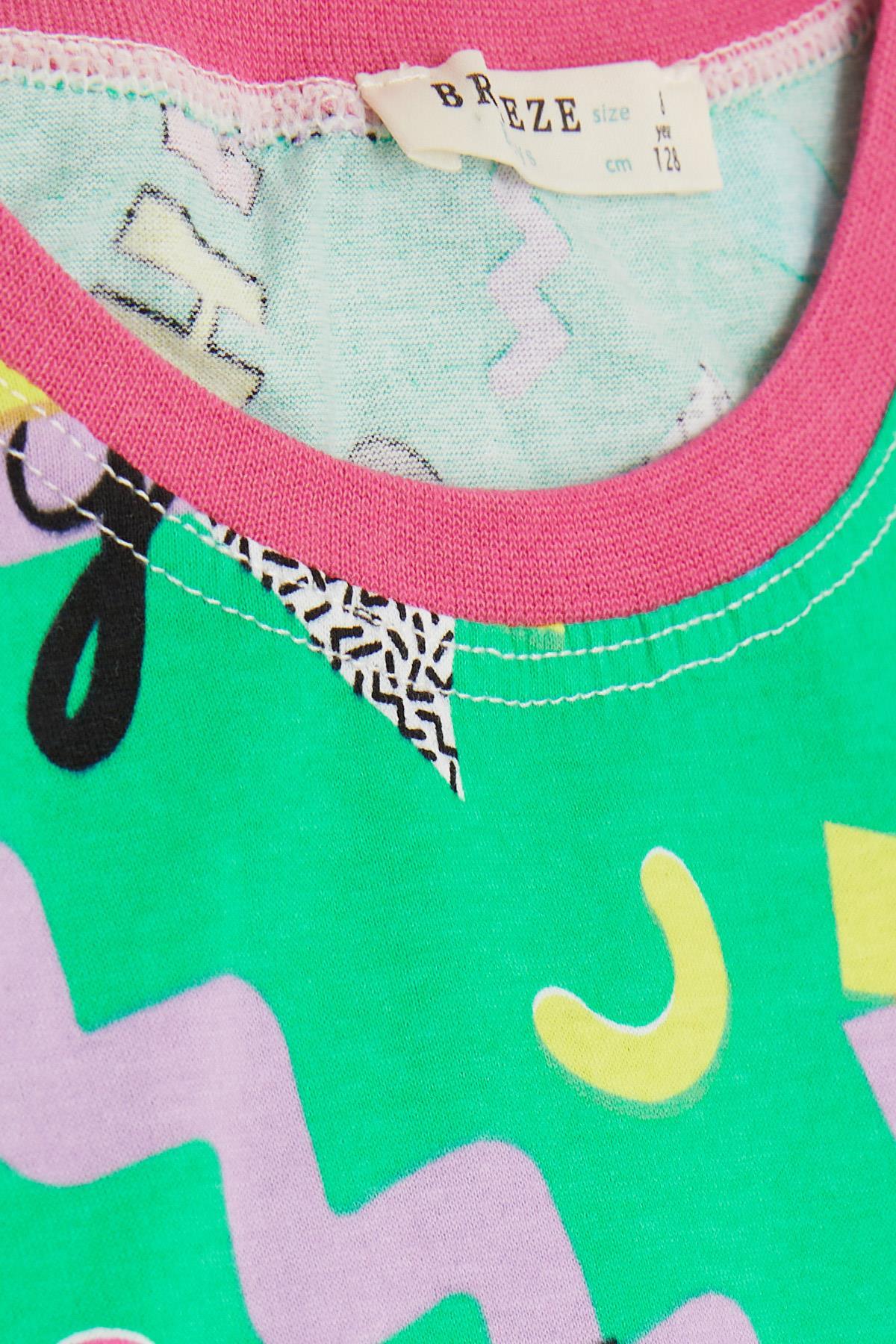 Breeze Kız Çocuk Pijama Takımı Yazı Desenli Yeşil (4-8 Yaş)