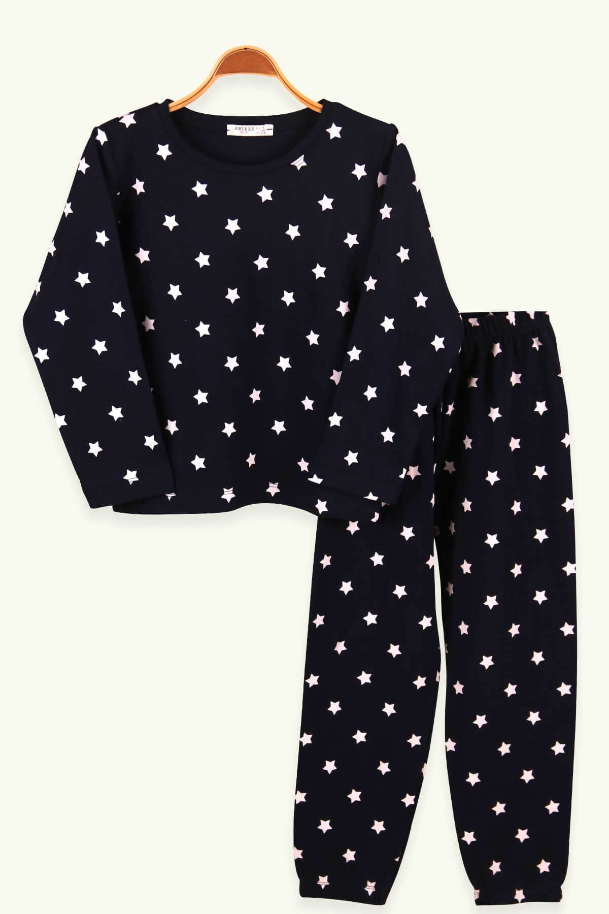 Breeze Kız Çocuk Pijama Takımı Yıldız Desenli Lacivert (6-10 Yaş)