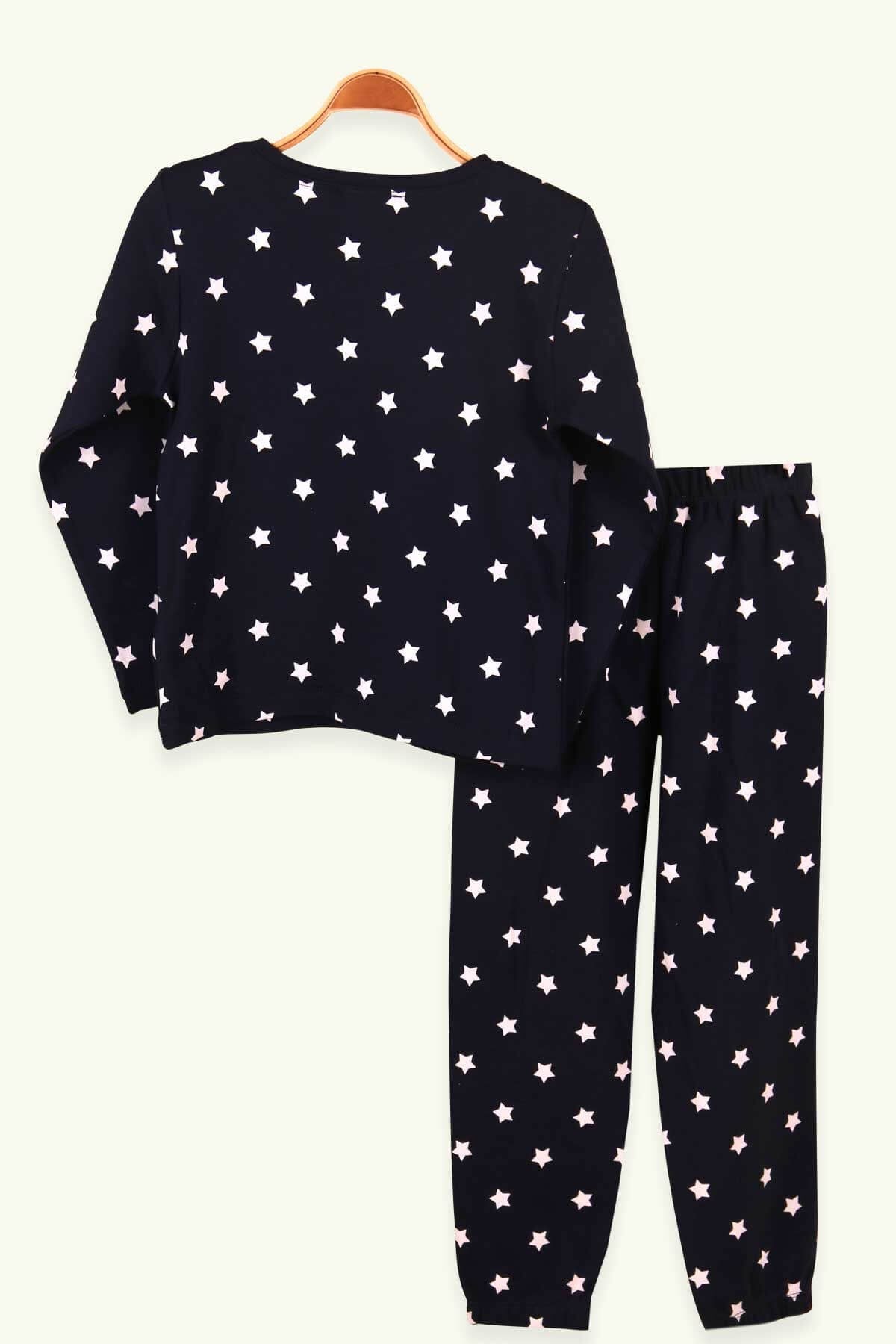 Breeze Kız Çocuk Pijama Takımı Yıldız Desenli Lacivert (6-10 Yaş)