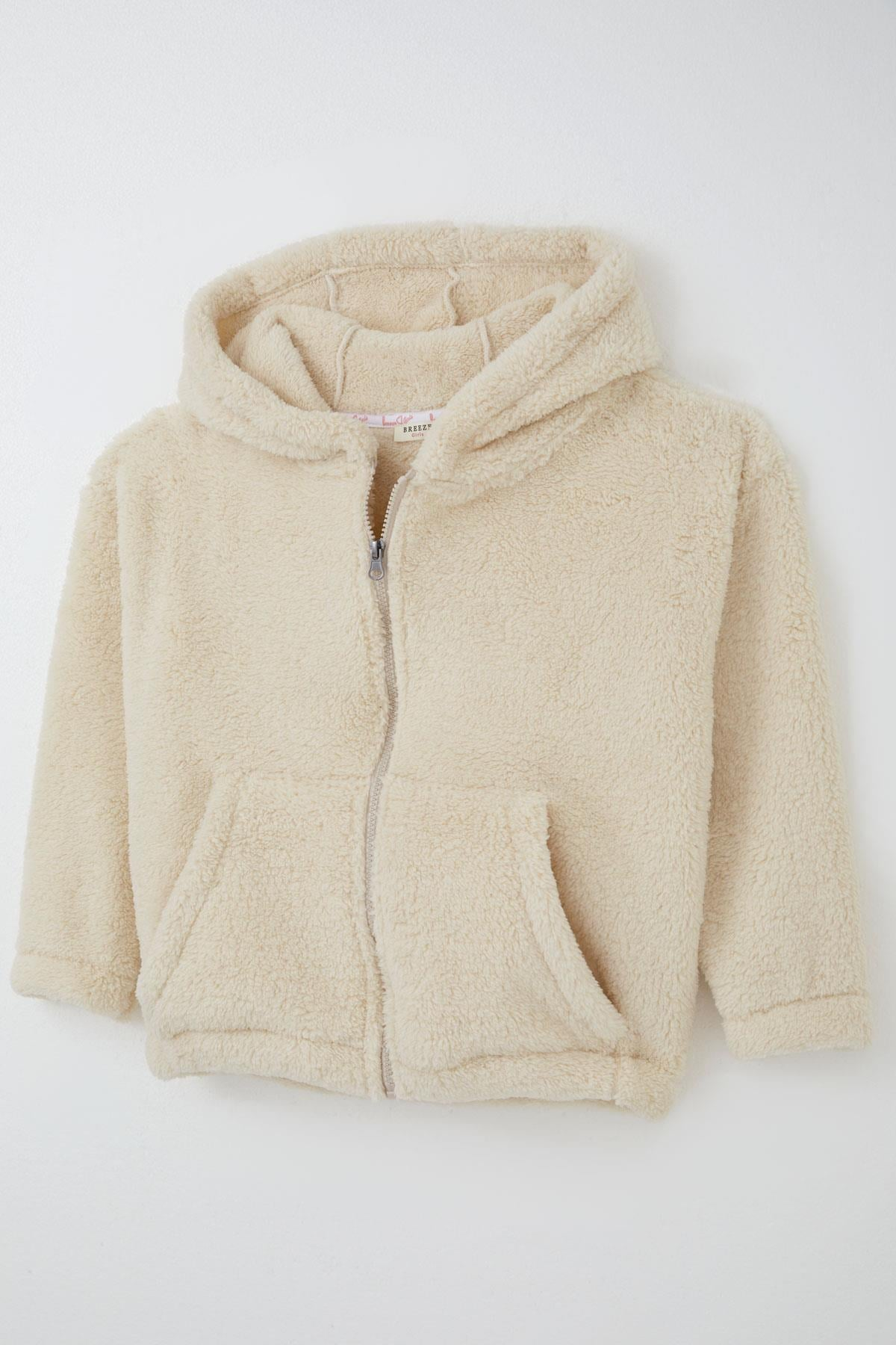 Breeze Kız Çocuk Polar Hırka Kapüşonlu Fermuarlı Cepli Krem (9 Yaş)