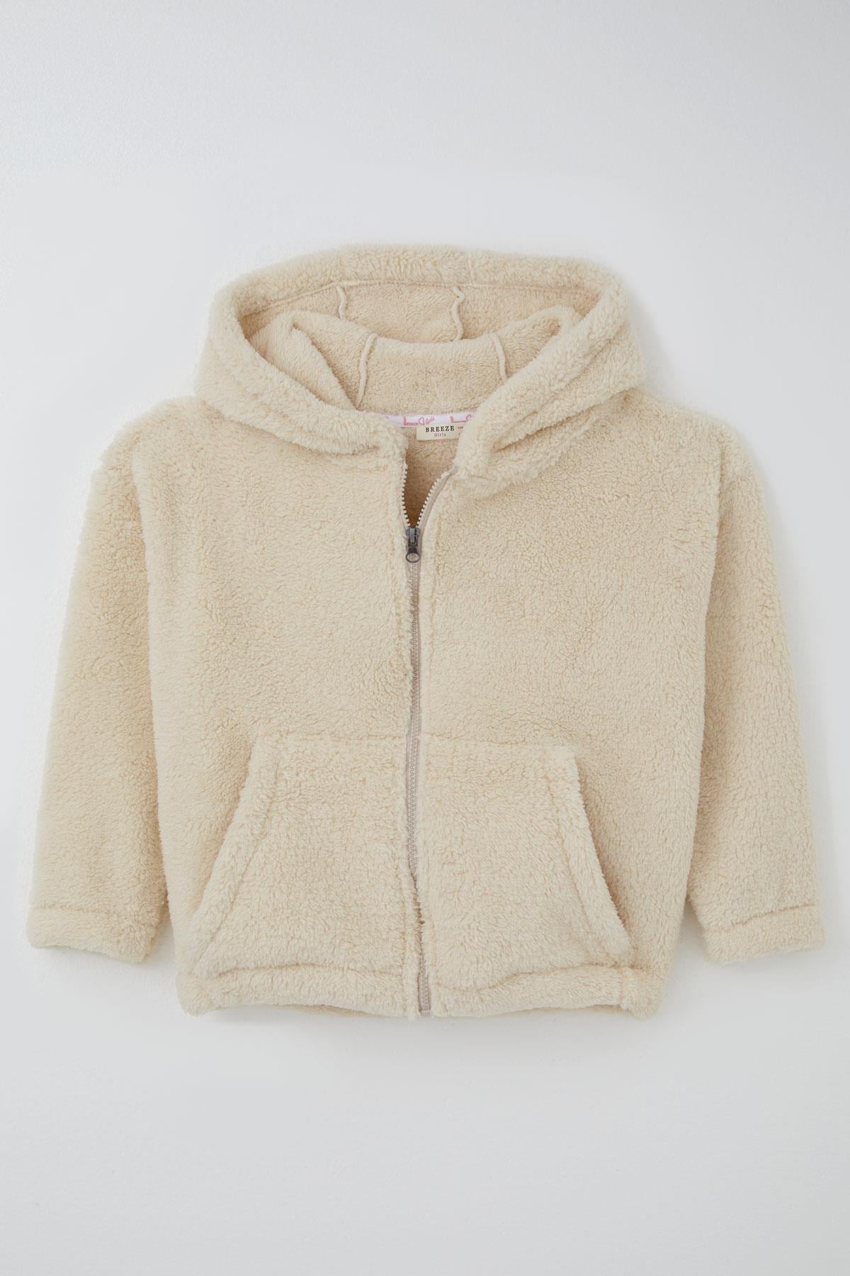 Breeze Kız Çocuk Polar Hırka Kapüşonlu Fermuarlı Cepli Krem (8-14 Yaş)