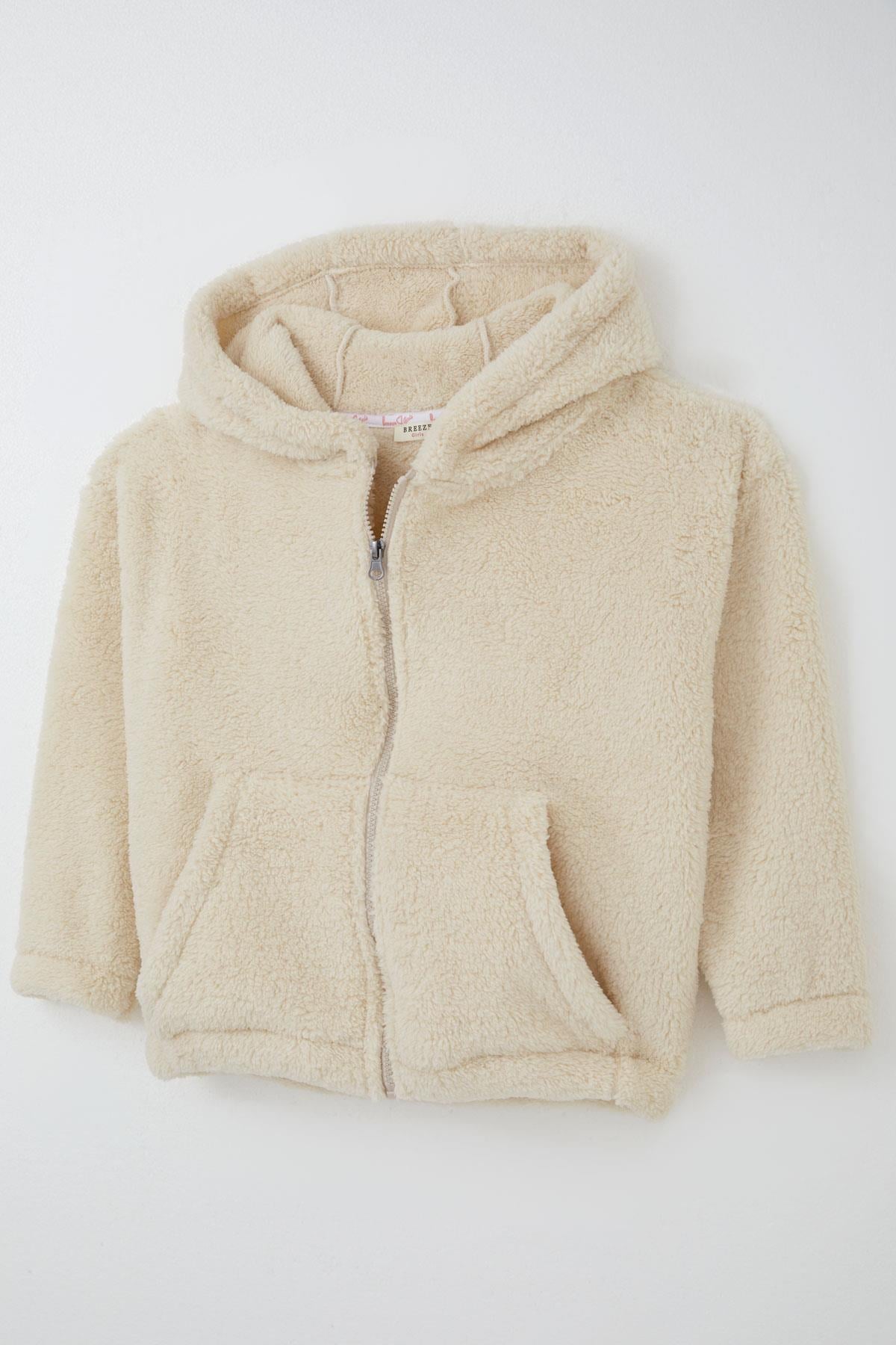 Breeze Kız Çocuk Polar Hırka Kapüşonlu Fermuarlı Cepli Krem (8-14 Yaş)