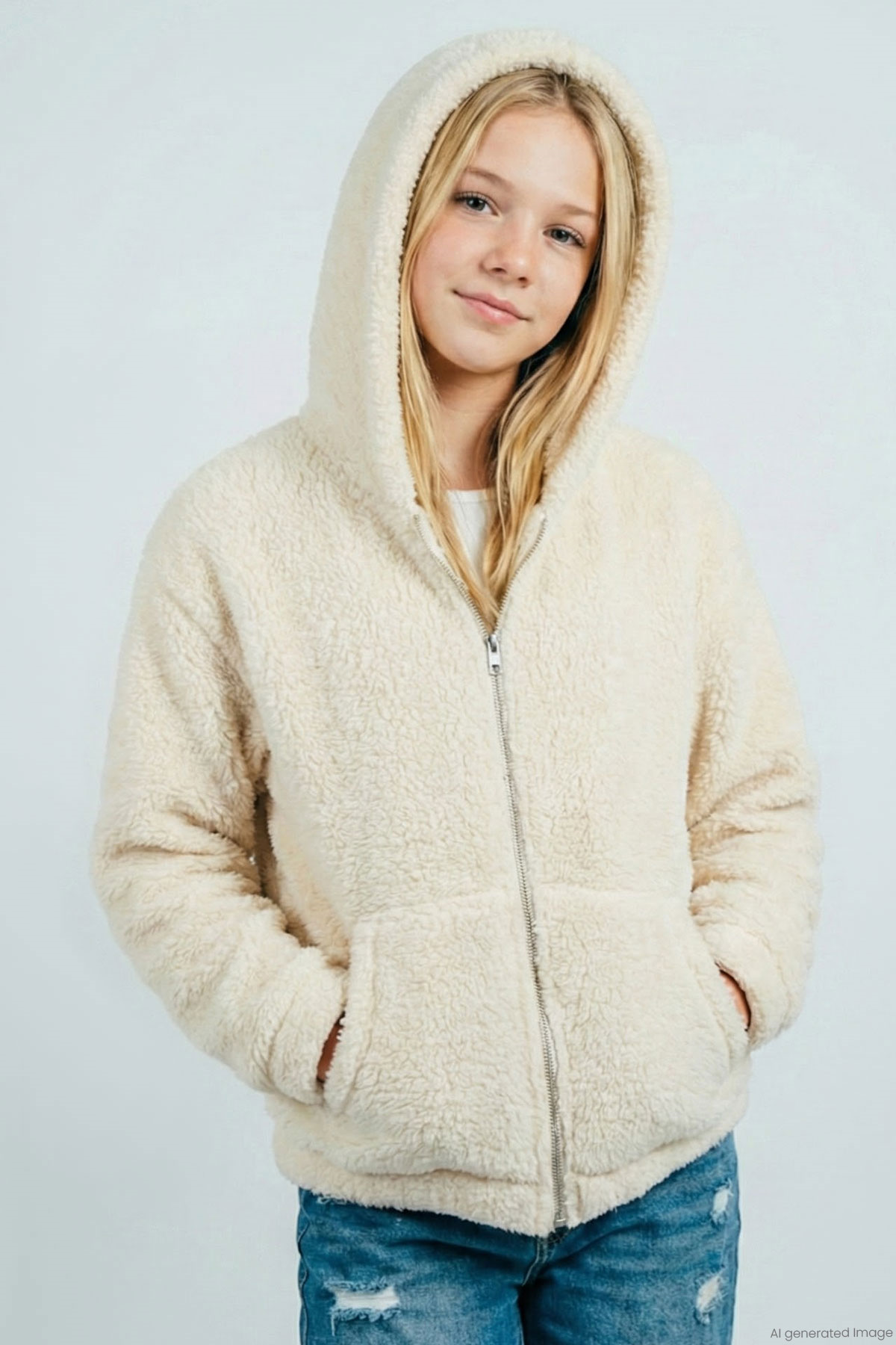 Breeze Kız Çocuk Polar Hırka Kapüşonlu Fermuarlı Cepli Krem (9 Yaş)