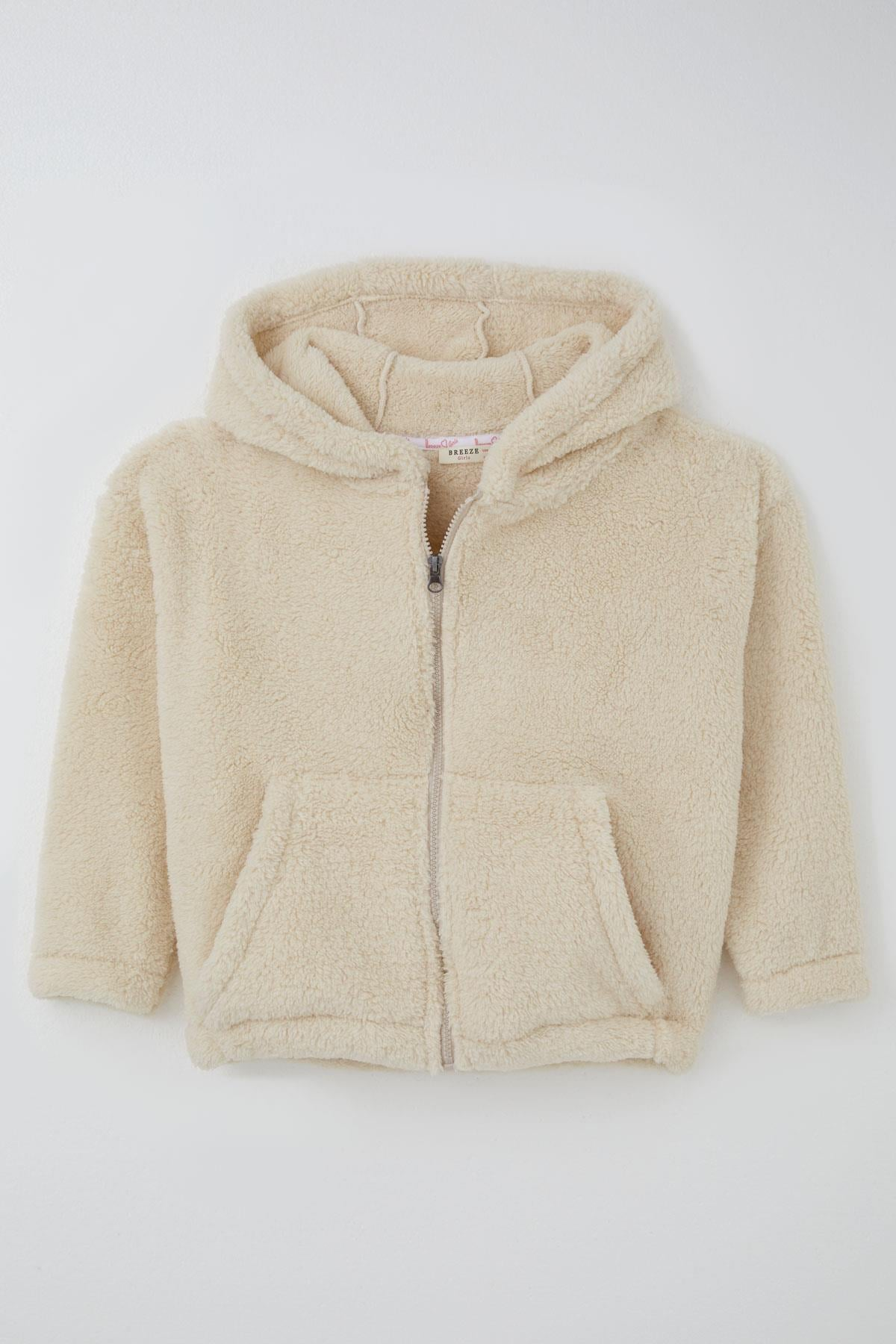 Breeze Kız Çocuk Polar Hırka Kapüşonlu Fermuarlı Cepli Krem (9 Yaş)