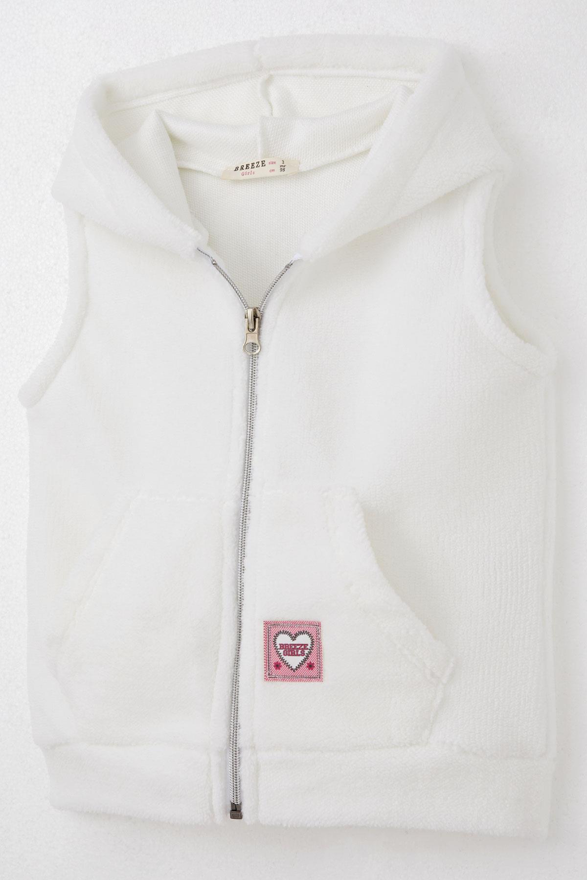 Breeze Kız Çocuk Polar Yelek Kalp Armalı Kapüşonlu Cepli Beyaz (3-8 Yaş)