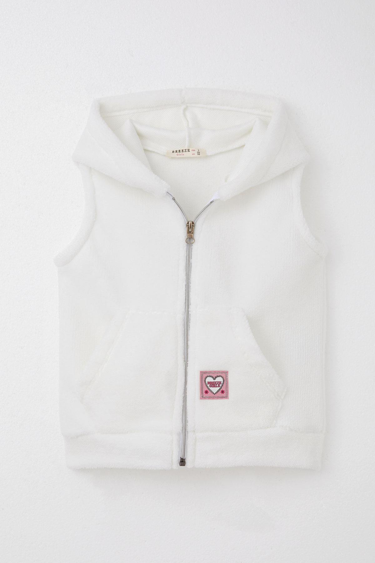 Breeze Kız Çocuk Polar Yelek Kalp Armalı Kapüşonlu Cepli Beyaz (3-8 Yaş)