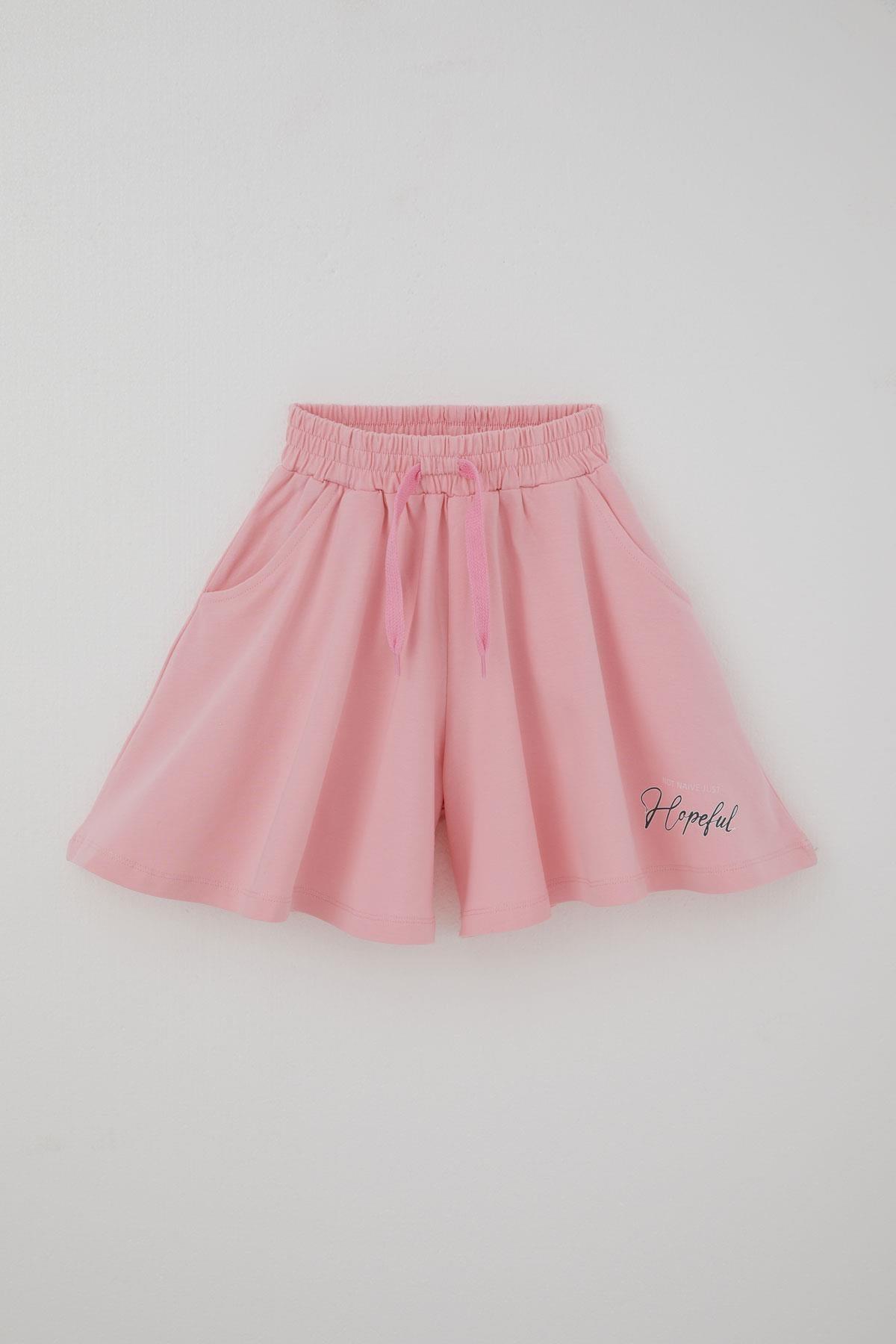 Breeze Kız Çocuk Rahat Kesim Geniş Paça Şort Yazı Baskılı Pembe (6-12 Yaş)