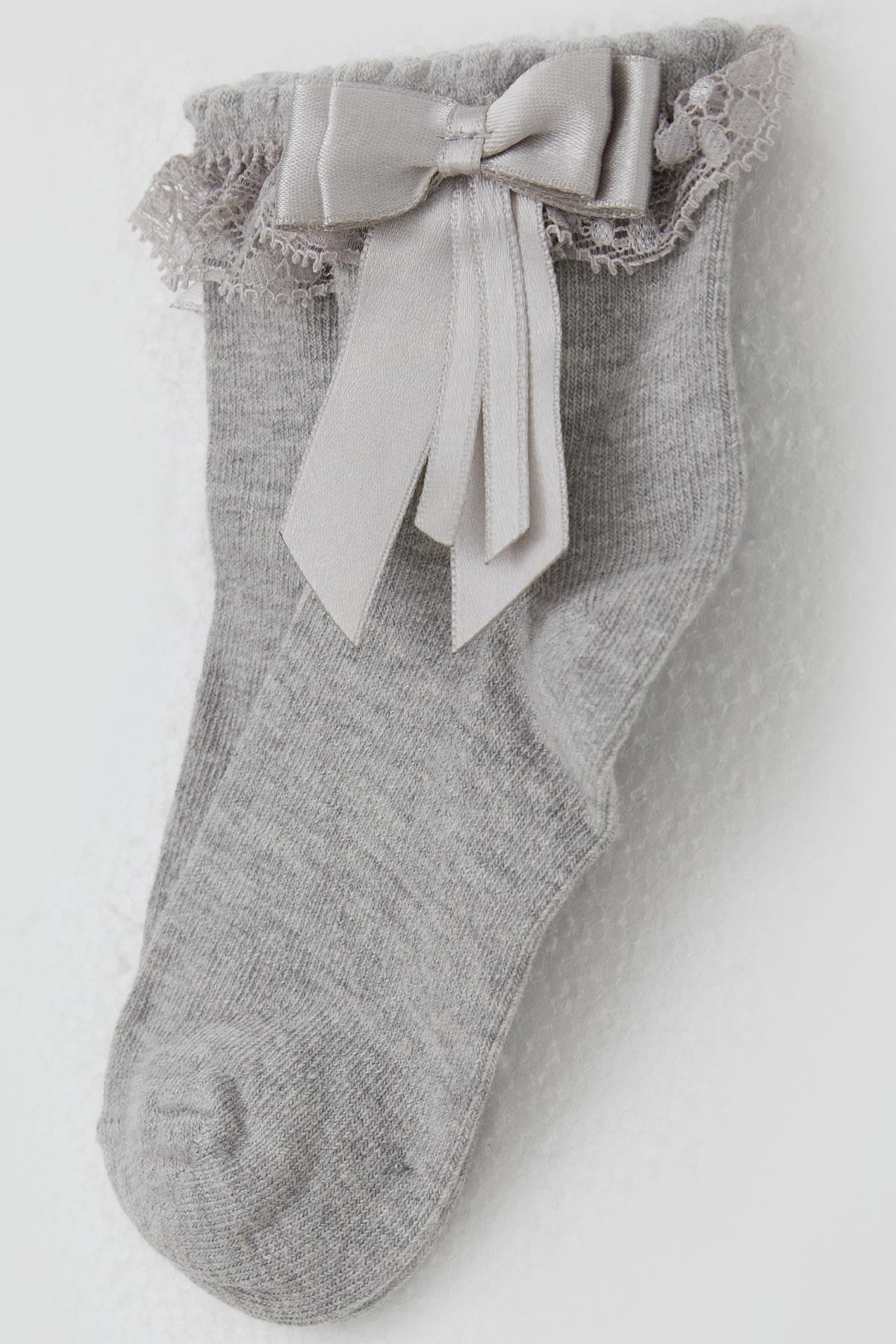 Breeze Kız Çocuk Soket Çorap Dantelli Fiyonk Detaylı Gri Melanj (3-12 Yaş)