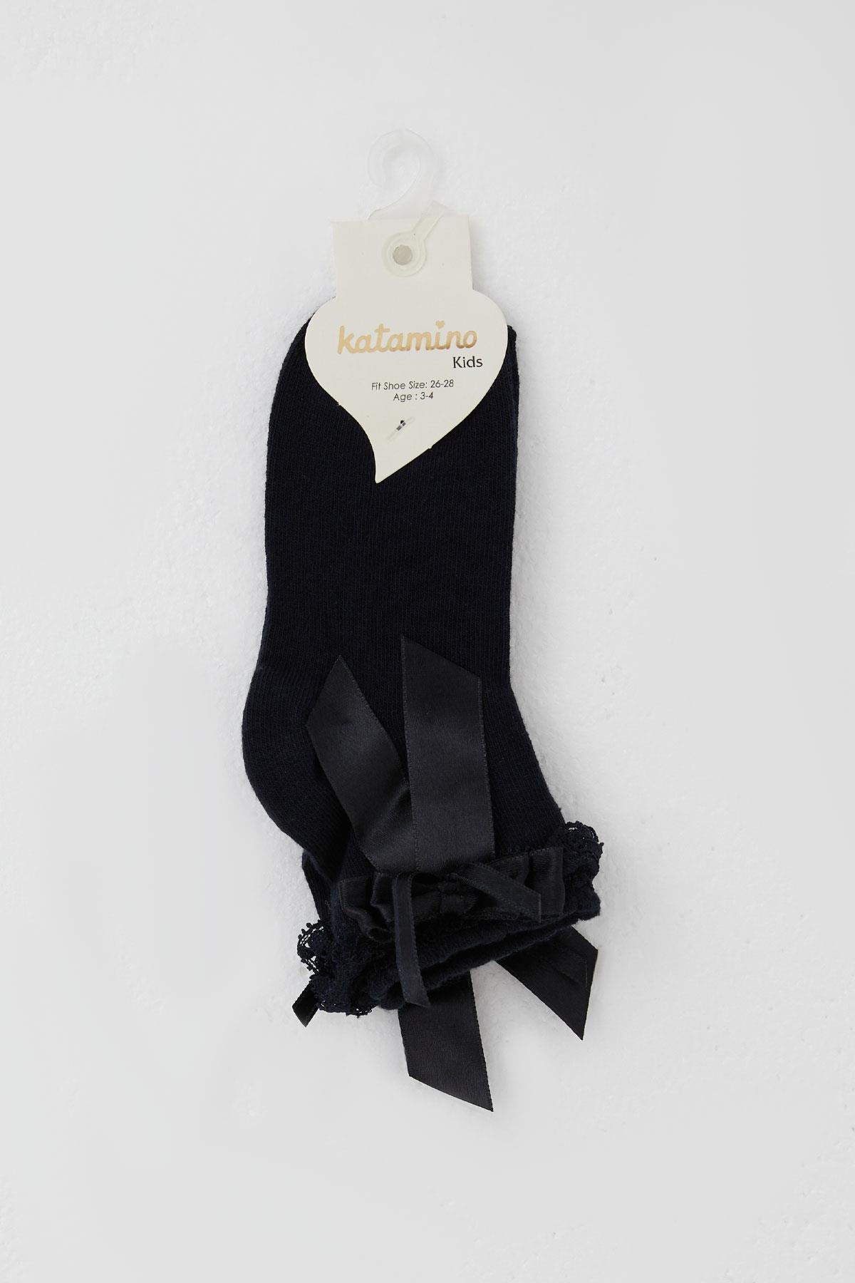 Breeze Kız Çocuk Soket Çorap Dantelli Fiyonk Detaylı Lacivert (3-12 Yaş)