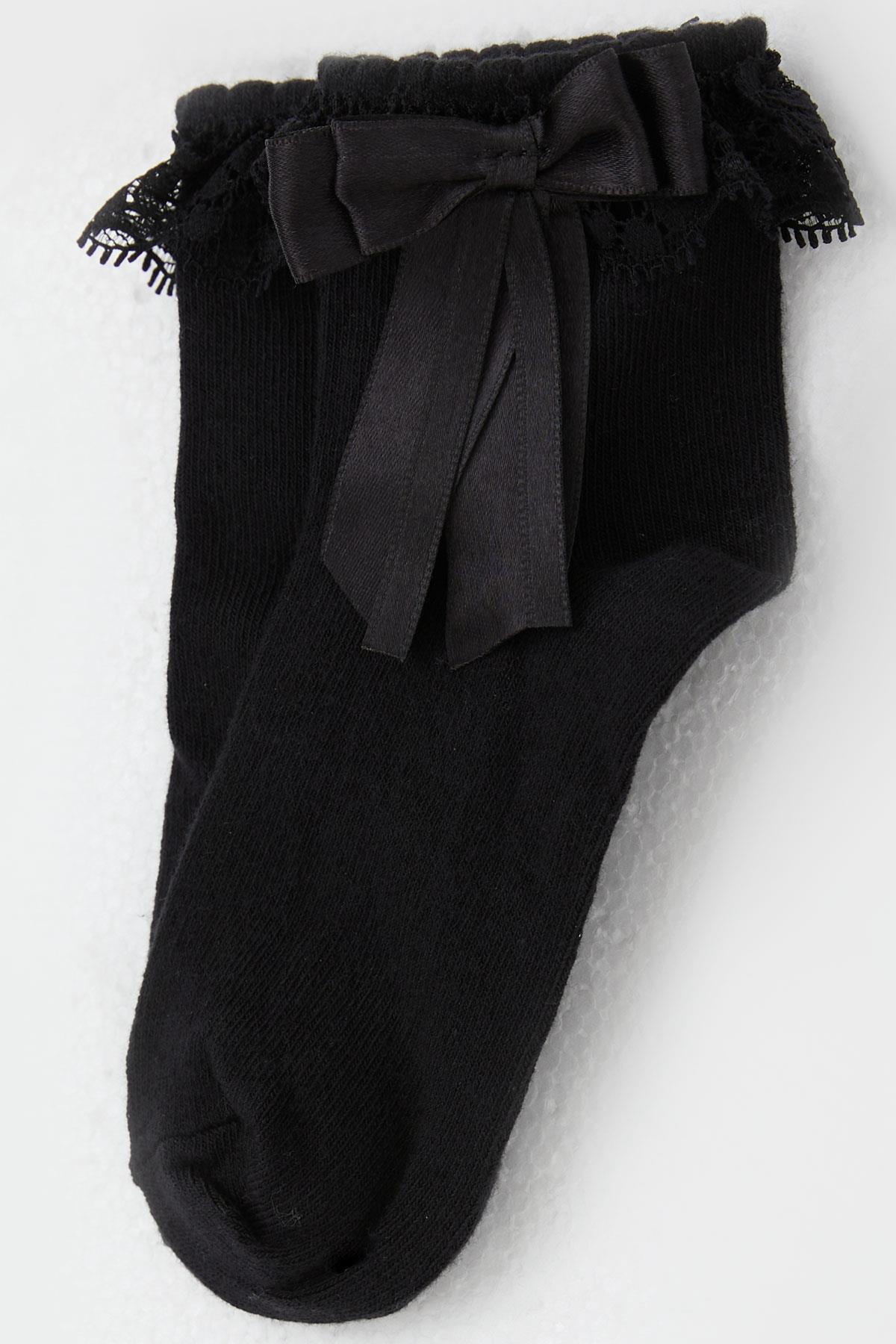 Breeze Kız Çocuk Soket Çorap Dantelli Fiyonk Detaylı Siyah (3-12 Yaş)