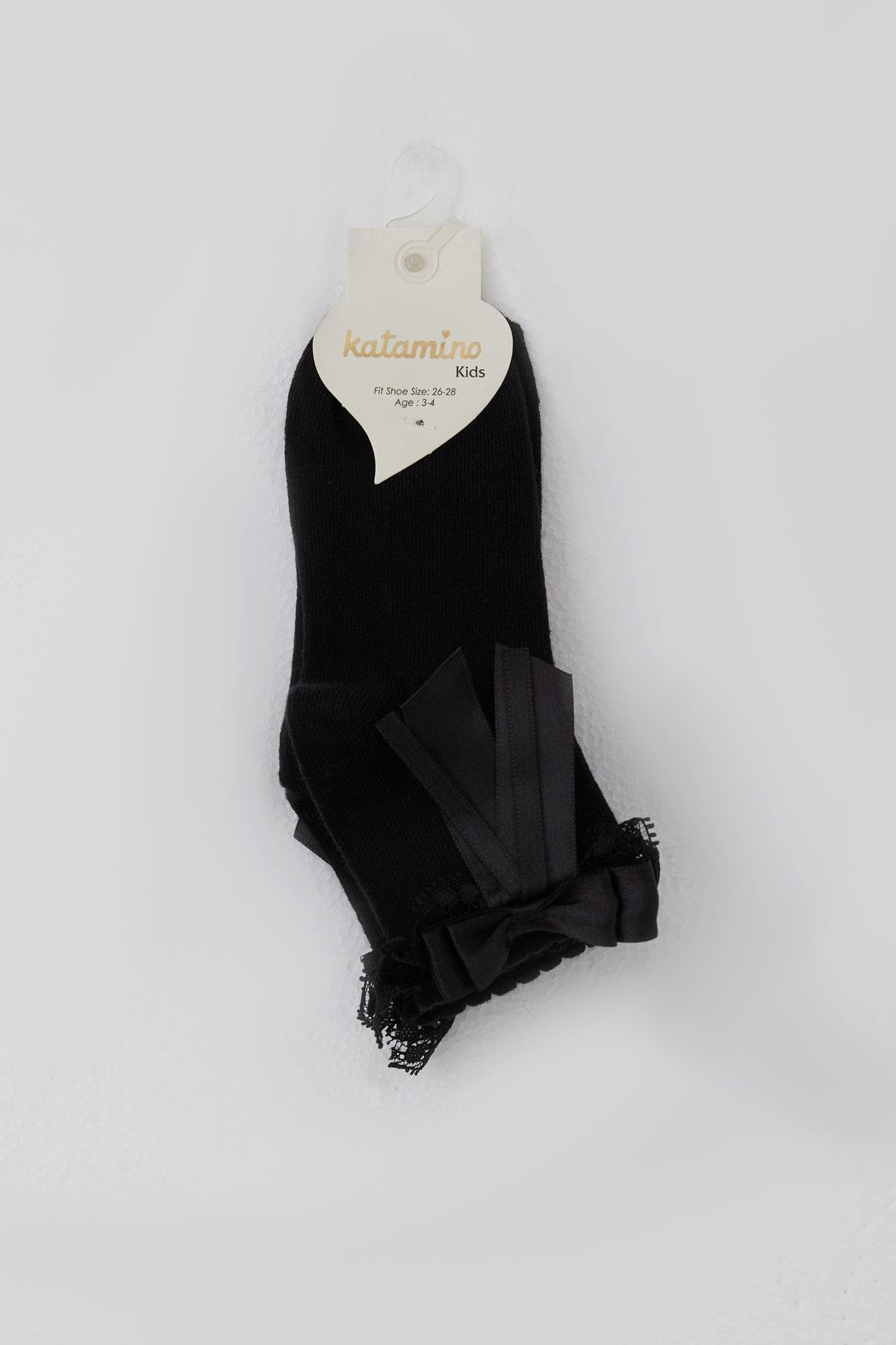 Breeze Kız Çocuk Soket Çorap Dantelli Fiyonk Detaylı Siyah (3-12 Yaş)