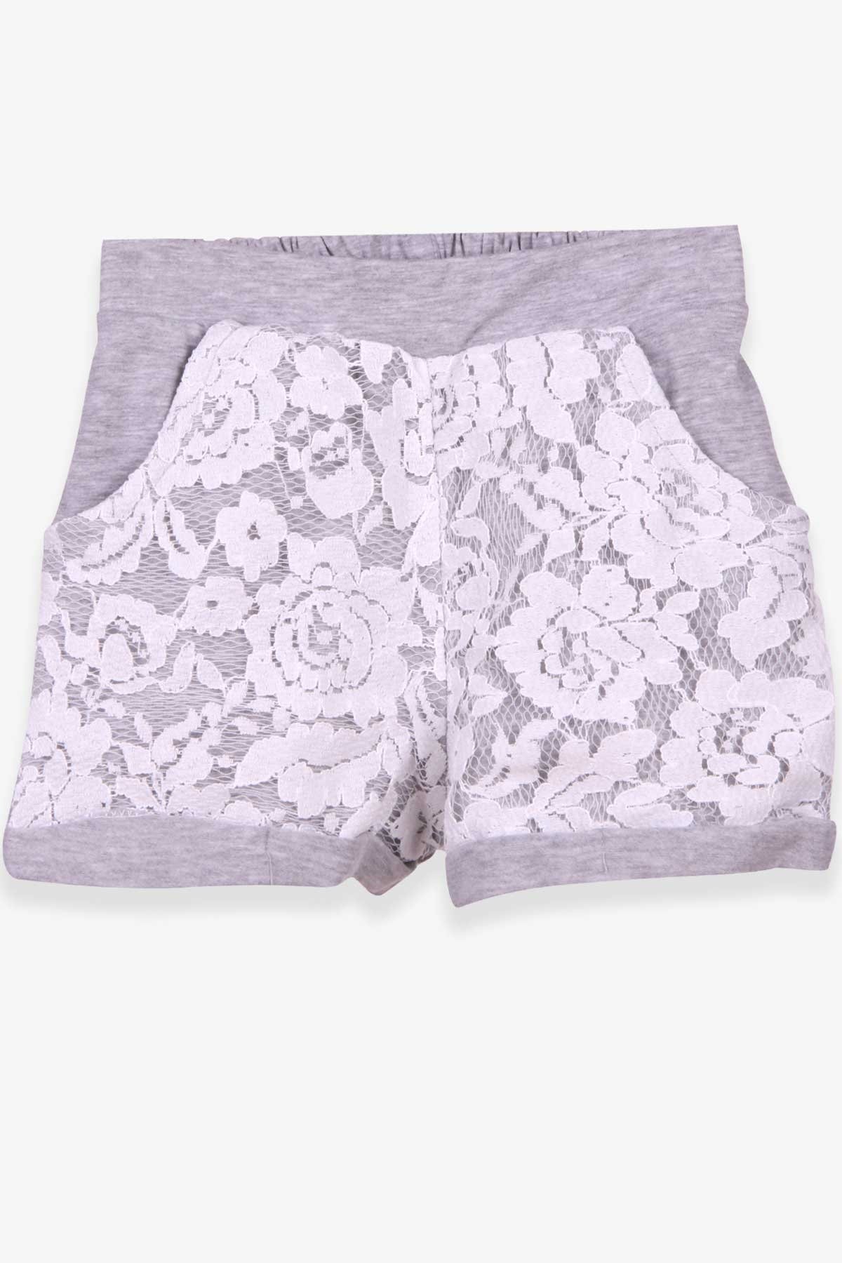 Breeze Kız Çocuk Şort Çiçekli Dantelli Gri Melanj (6-12 Yaş)