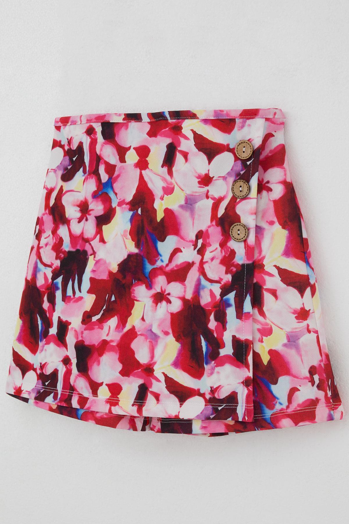 Breeze Kız Çocuk Şort Etek Çiçek Desenli Düğme Aksesuarlı Karışık Renk (6-12 Yaş)