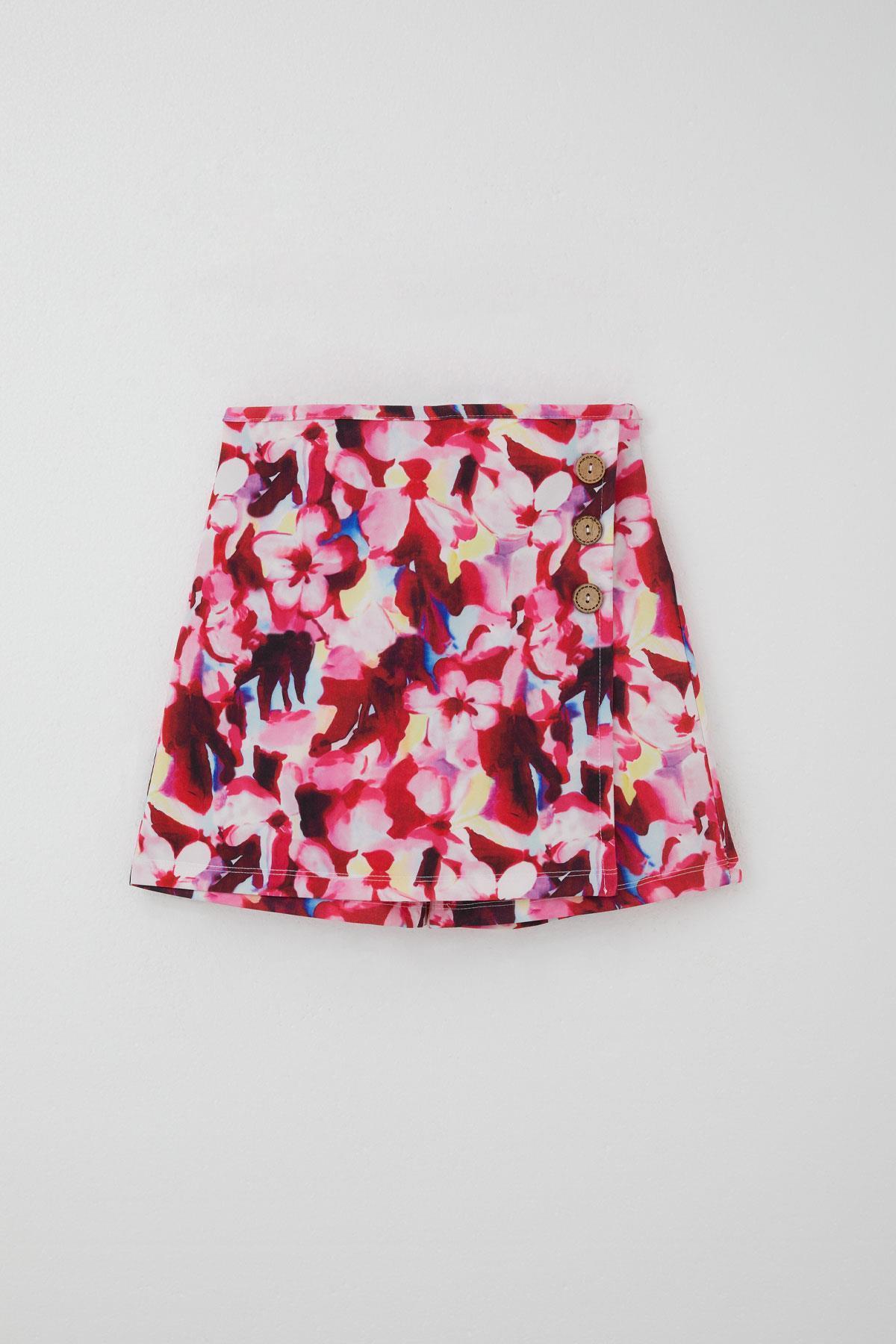 Breeze Kız Çocuk Şort Etek Çiçek Desenli Düğme Aksesuarlı Karışık Renk (6-12 Yaş)