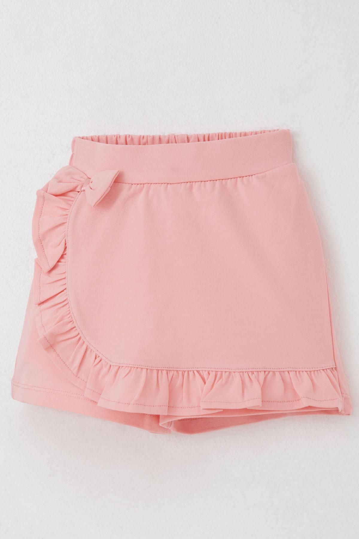 Breeze Kız Çocuk Şort Etek Fiyonk Aksesuarlı Fırfırlı Somon (3-8 Yaş)