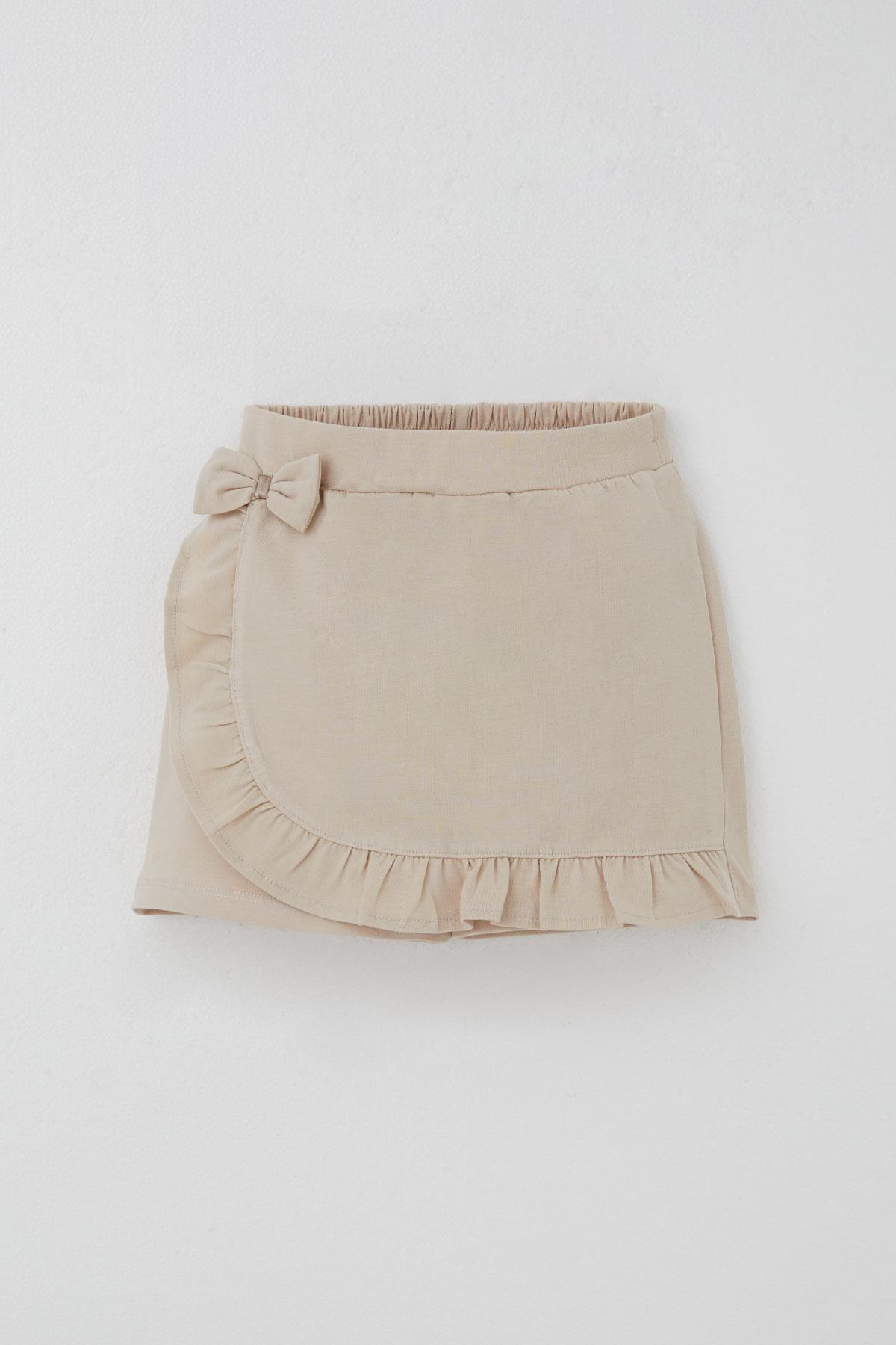 Breeze Kız Çocuk Şort Etek Fiyonk Aksesuarlı Fırfırlı Bej (6-10 Yaş)