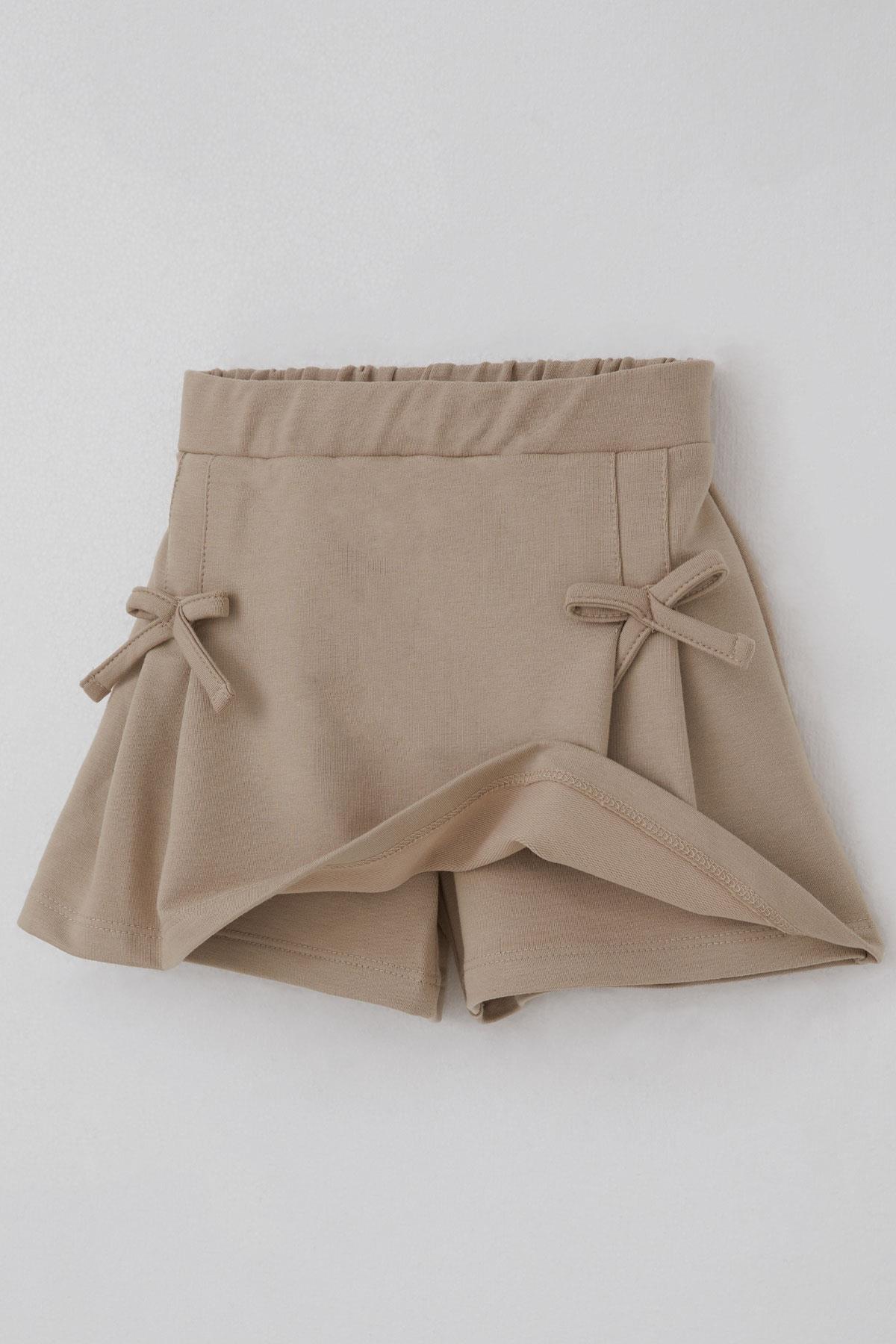 Breeze Kız Çocuk Şort Etek Fiyonk Aksesuarlı Lastikli Bej (3-7 Yaş)