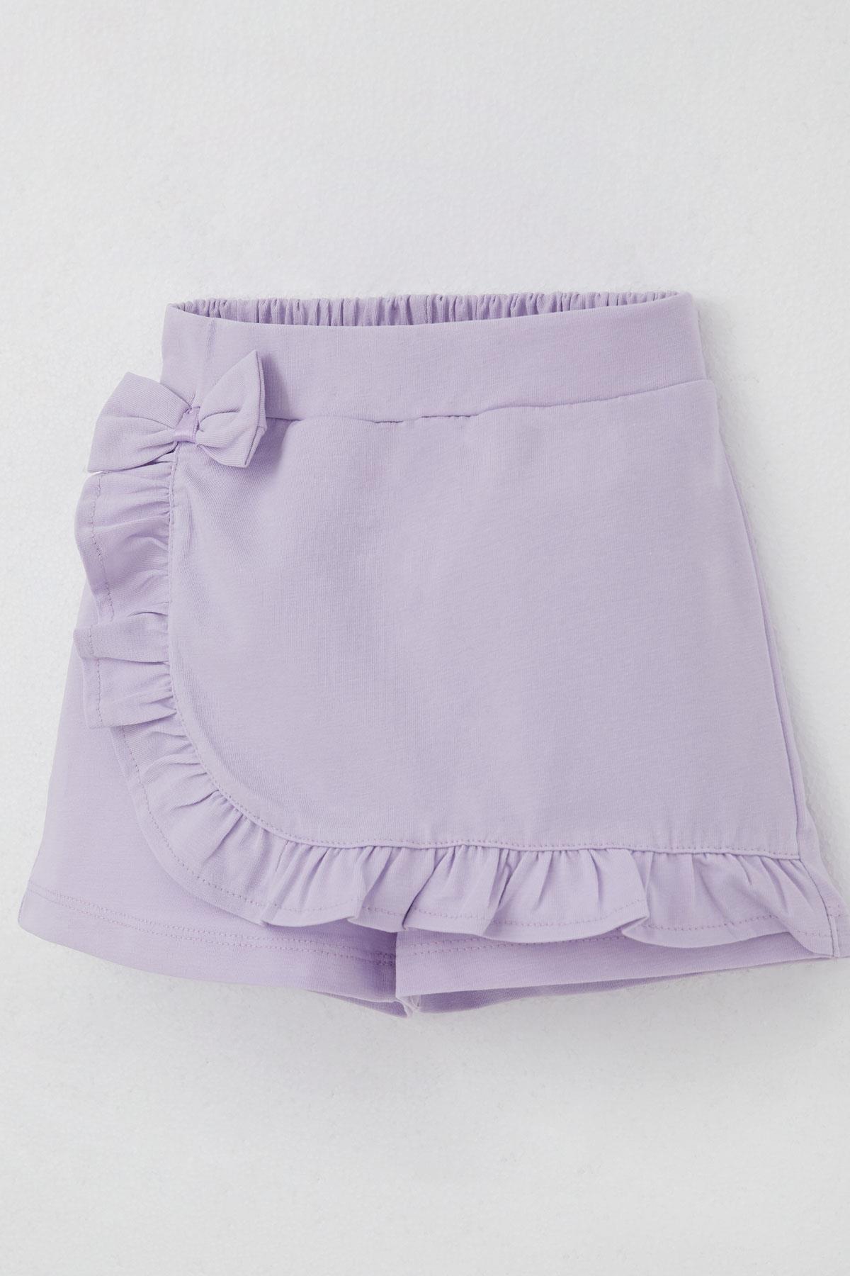 Breeze Kız Çocuk Şort Etek Fiyonk Aksesuarlı Fırfırlı Açık Lila (3-8 Yaş)