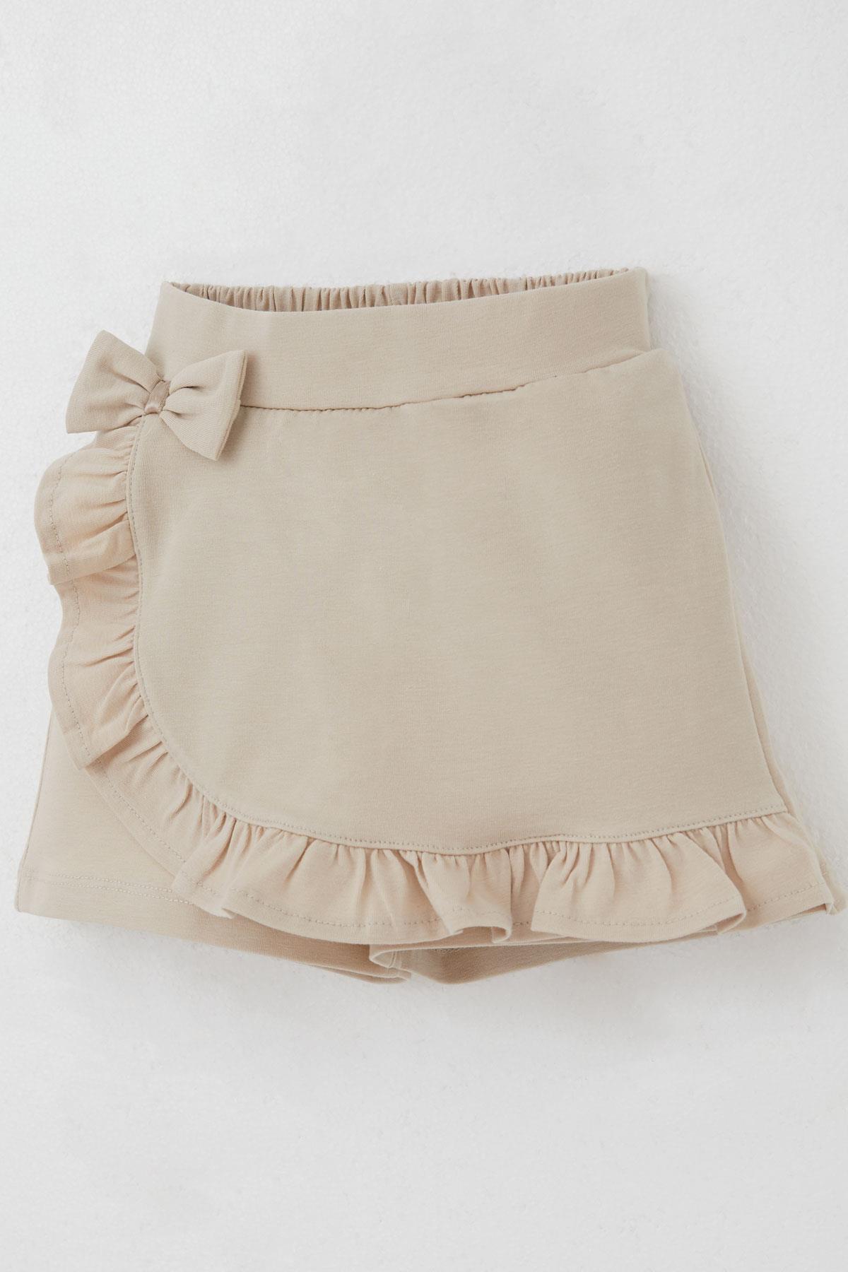 Breeze Kız Çocuk Şort Etek Fiyonk Aksesuarlı Fırfırlı Bej (3-8 Yaş)