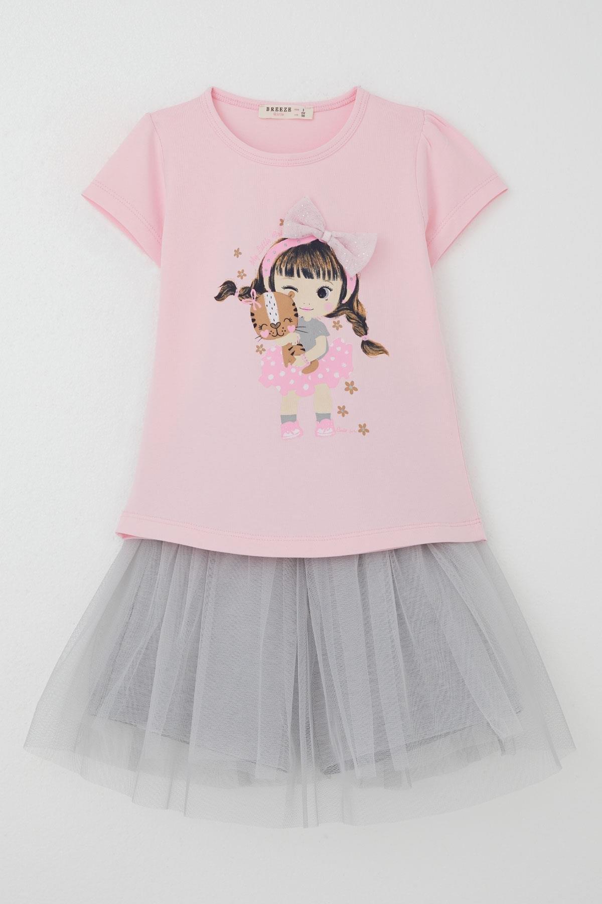 Breeze Kız Çocuk Şort Etek İkili Takım Hayvan Sevgisi Temalı Kız Baskılı Fiyonk Aksesuarlı Pembe (2-6 Yaş)