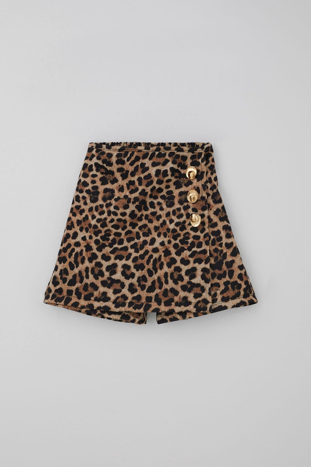 Breeze Kız Çocuk Şort Etek Leopar Desenli Düğme Aksesuarlı Kahverengi (6-12 Yaş)