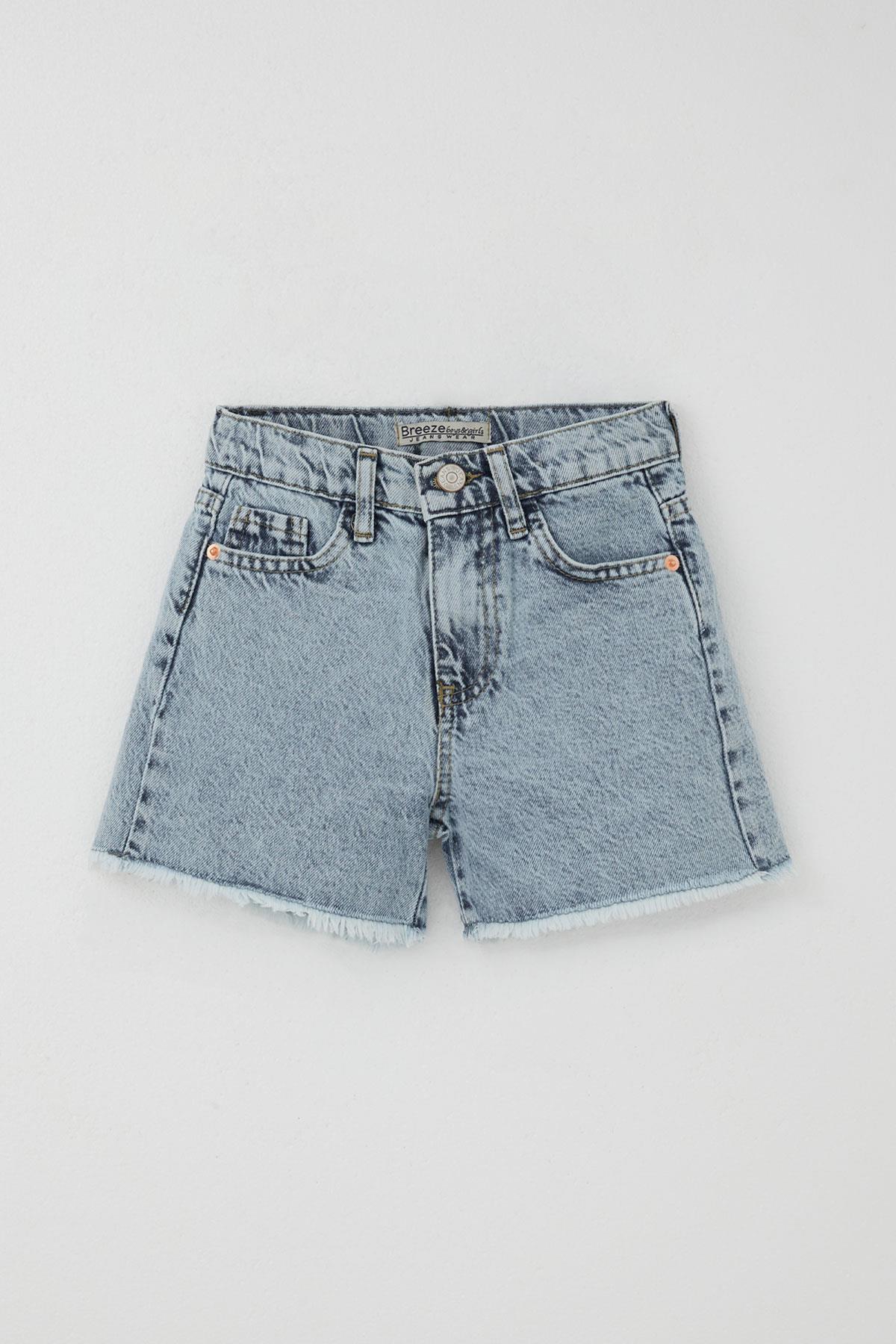 Breeze Kız Çocuk Şort Jean Cepli Paçası Püskül Detaylı Açık Mavi (5-9 Yaş)