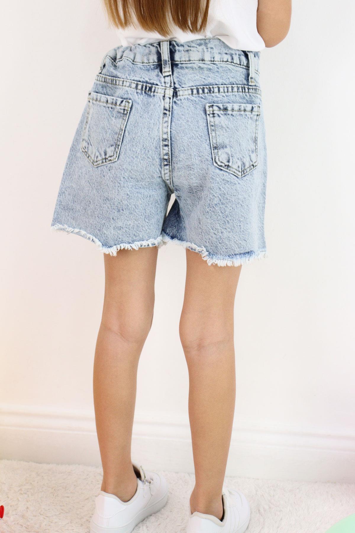 Breeze Kız Çocuk Şort Jean Cepli Paçası Püskül Detaylı Açık Mavi (5-9 Yaş)