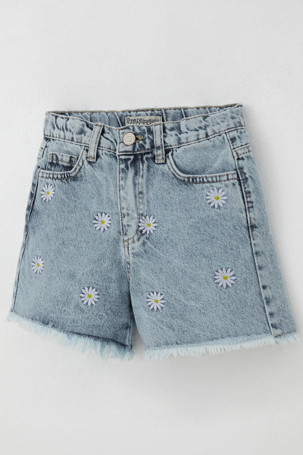 Breeze Kız Çocuk Şort Jean Papatya Nakışlı Paçası Püskül Detaylı Açık Mavi (5-9 Yaş)
