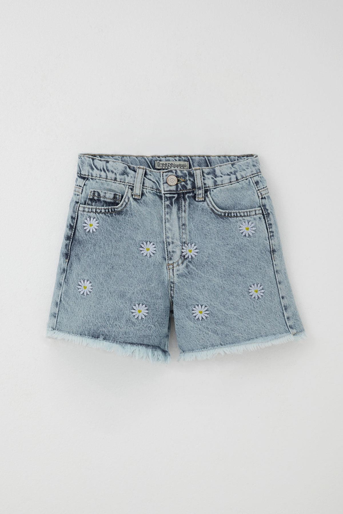 Breeze Kız Çocuk Şort Jean Papatya Nakışlı Paçası Püskül Detaylı Açık Mavi (5-9 Yaş)