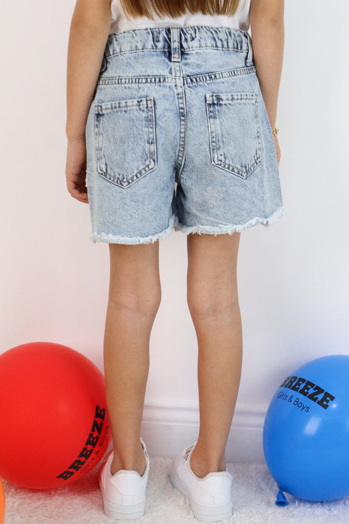 Breeze Kız Çocuk Şort Jean Papatya Nakışlı Paçası Püskül Detaylı Açık Mavi (5-9 Yaş)