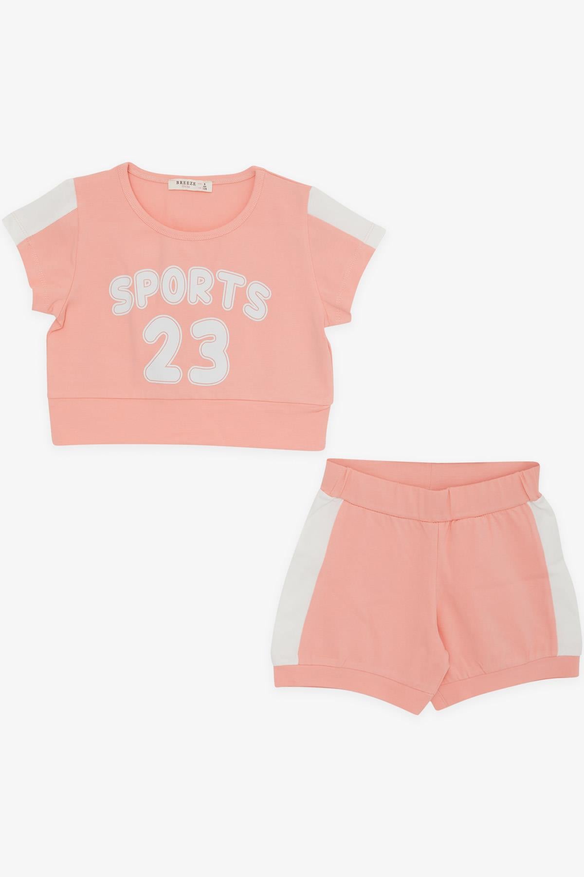 Breeze Kız Çocuk Şortlu Crop Takım Yazı Baskılı Somon (6-12 Yaş)