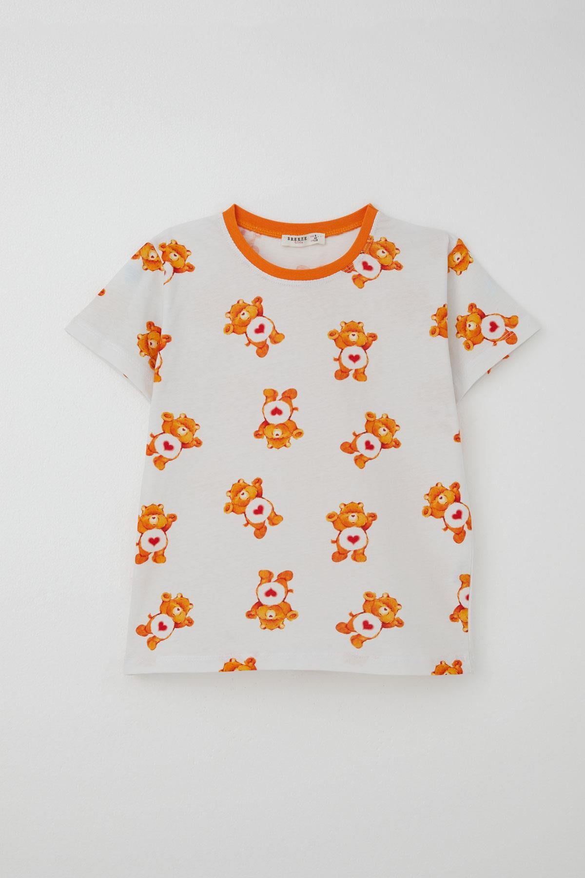 Breeze Kız Çocuk Şortlu Pijama Takımı Kalpli Bebek Ayıcık Desenli Beyaz (4-8 Yaş)
