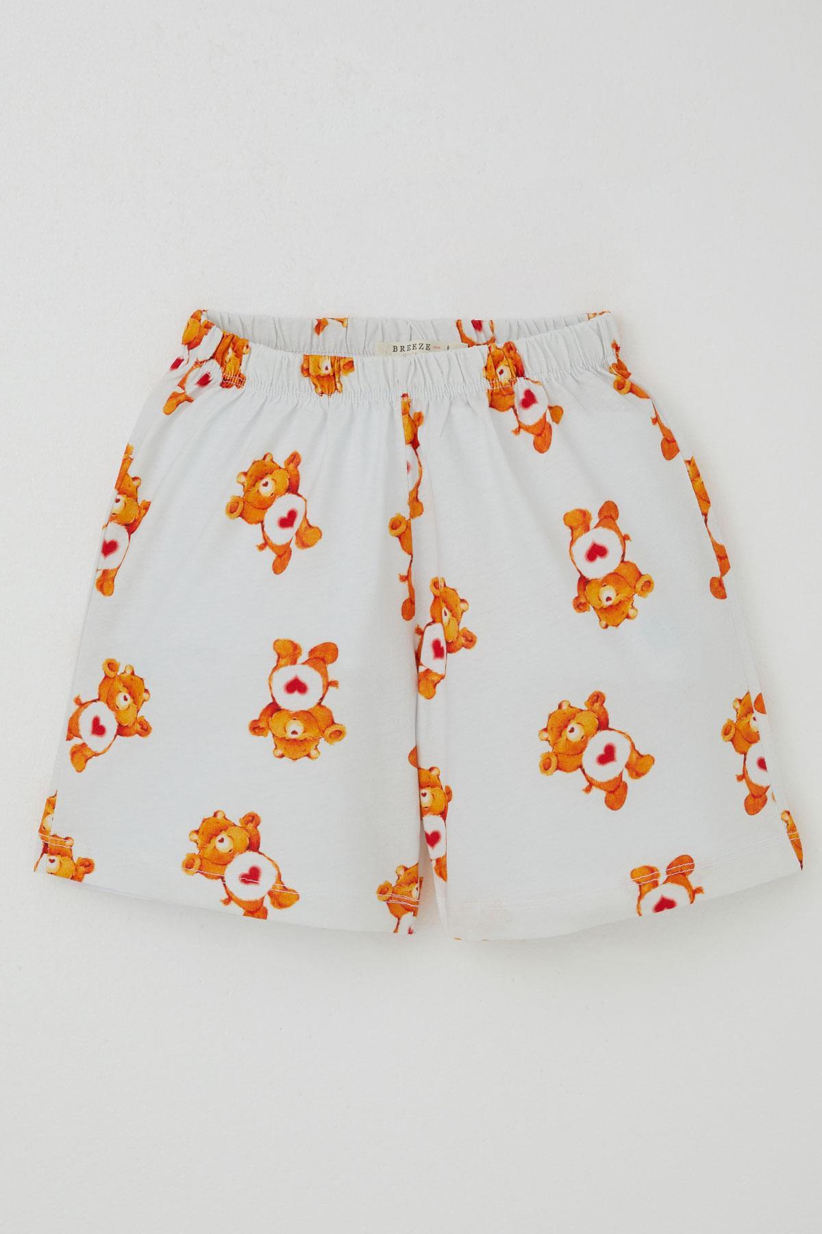 Breeze Kız Çocuk Şortlu Pijama Takımı Kalpli Bebek Ayıcık Desenli Beyaz (4-8 Yaş)