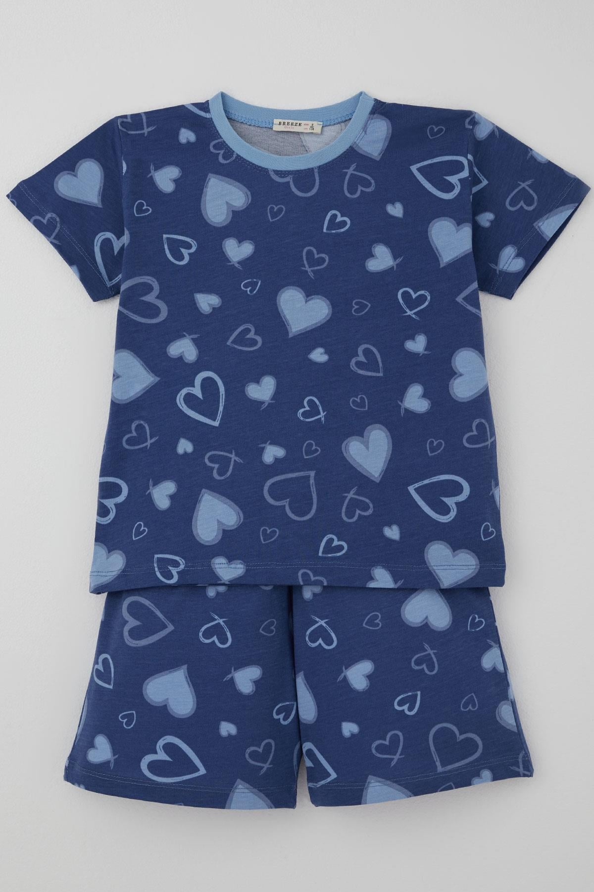 Breeze Kız Çocuk Şortlu Pijama Takımı Kalp Desenli İndigo (4-5 Yaş)