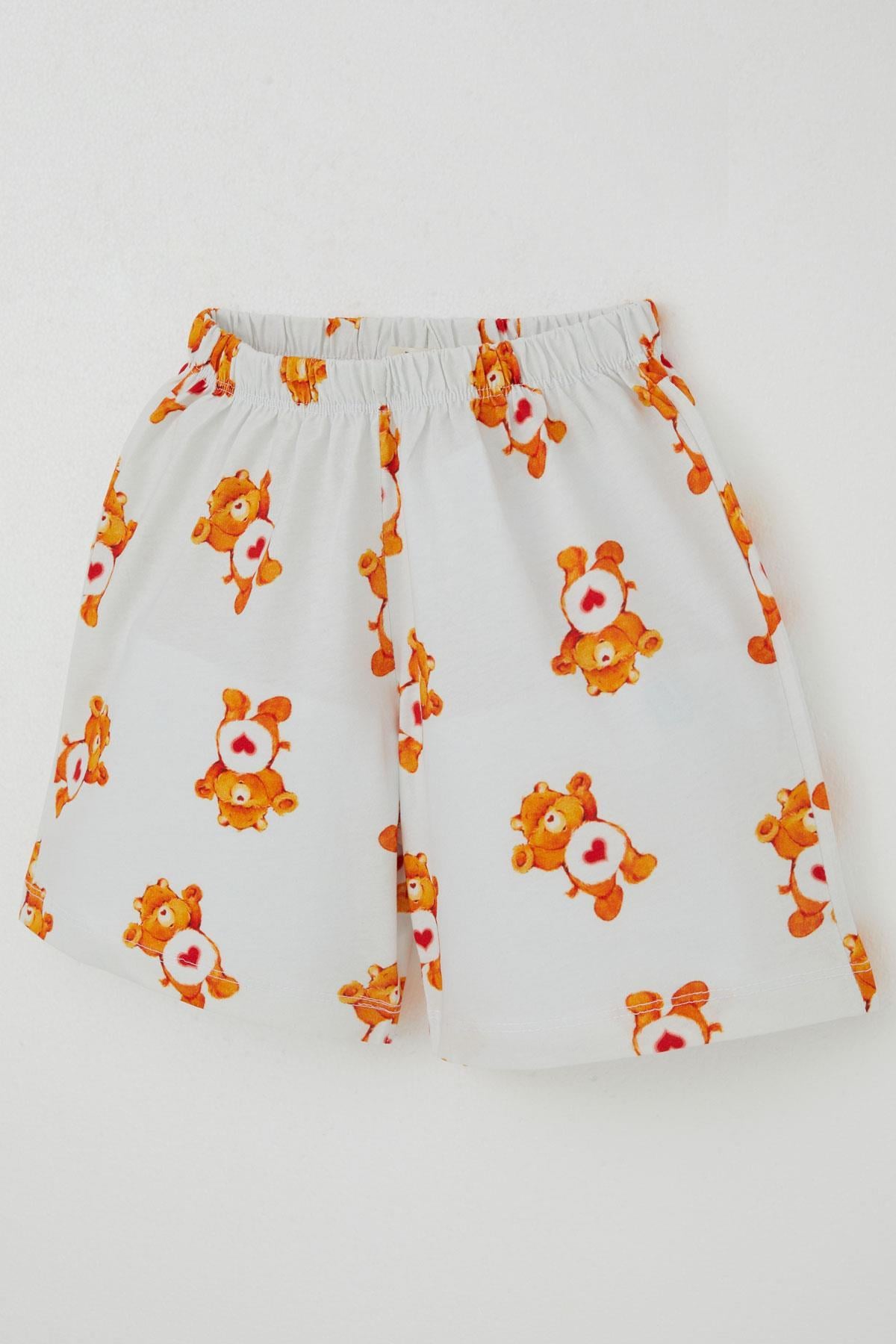 Breeze Kız Çocuk Şortlu Pijama Takımı Kalpli Bebek Ayıcık Desenli Beyaz (4-8 Yaş)