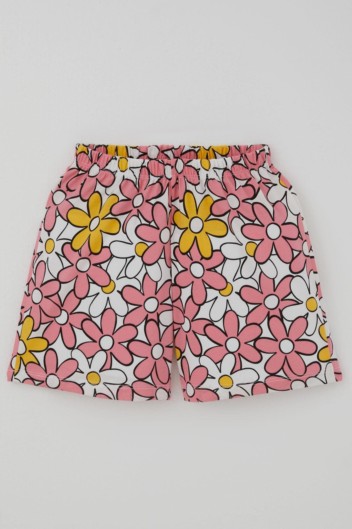 Breeze Kız Çocuk Şortlu Pijama Takımı Renkli Papatya Desenli Karışık Renk (4-7 Yaş)