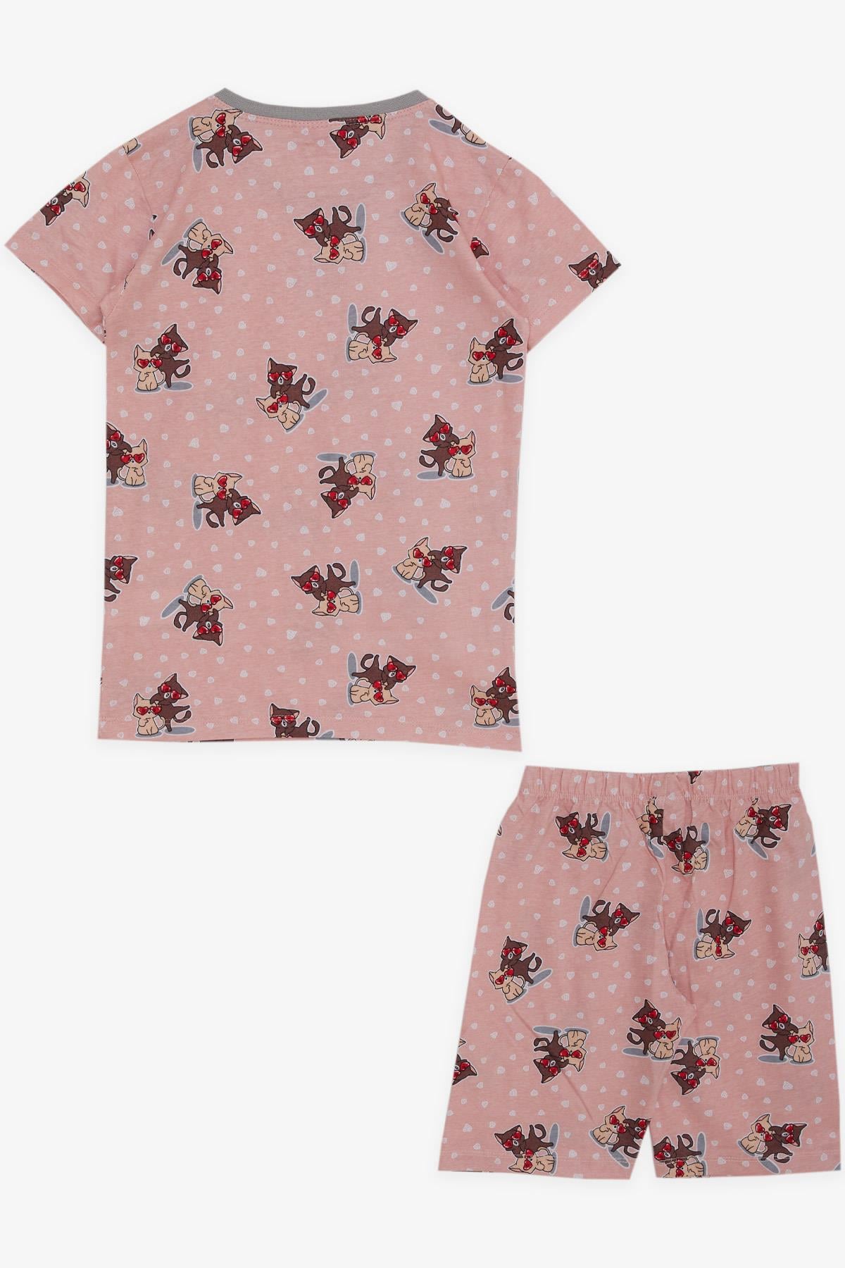 Breeze Kız Çocuk Şortlu Pijama Takımı Sevgi Temalı Sevimli Kedicikler Desenli Somon (4-8 Yaş)