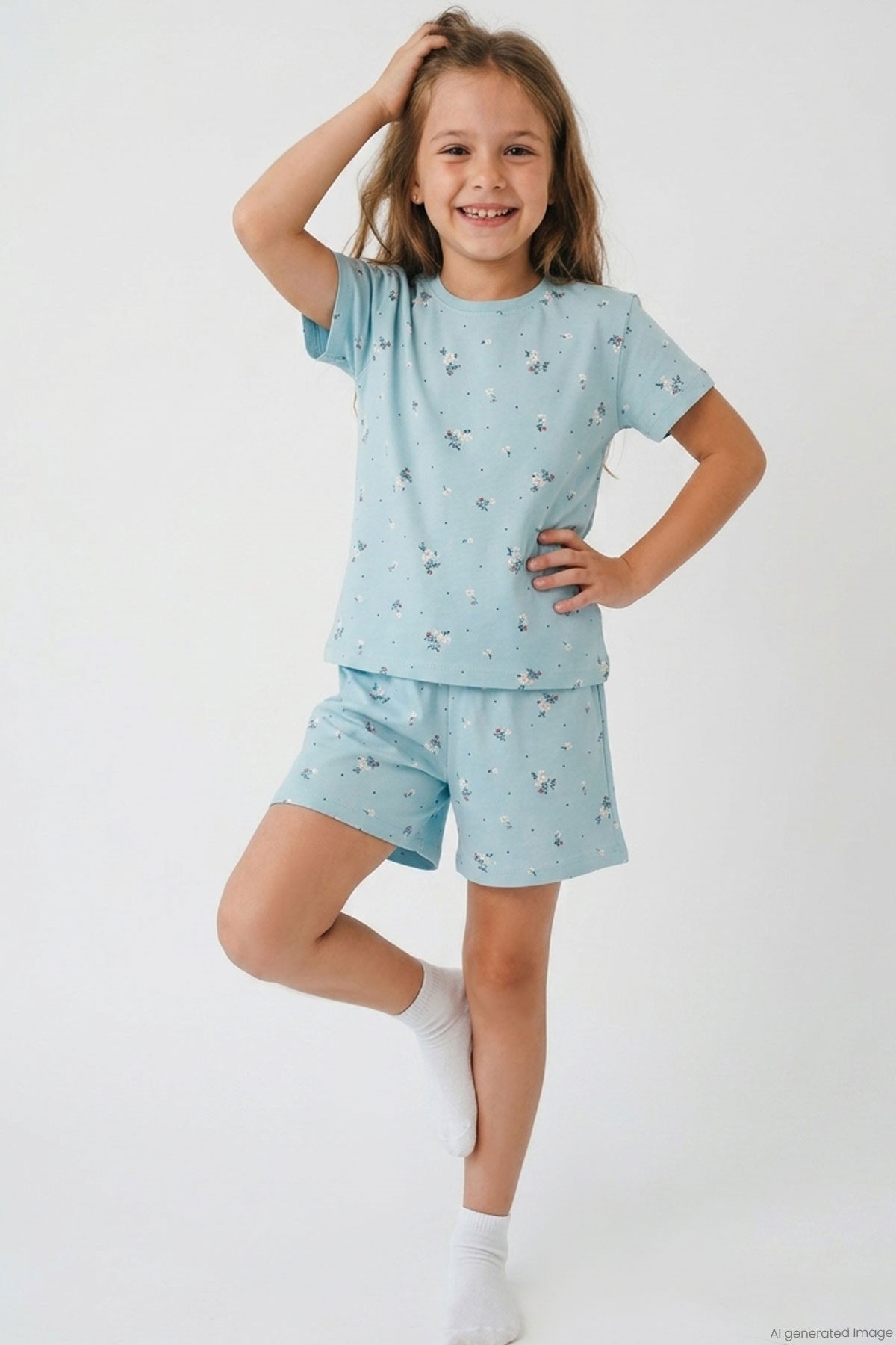 Breeze Kız Çocuk Şortlu Pijama Takımı Çiçek Desenli Açık Mavi (4-6 Yaş)